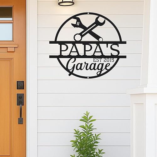 Miniatura 135 de Letrero personalizado de taller de garaje para hombres – Arte de pared de metal con nombre personalizado para entusiastas de autos, constructores y