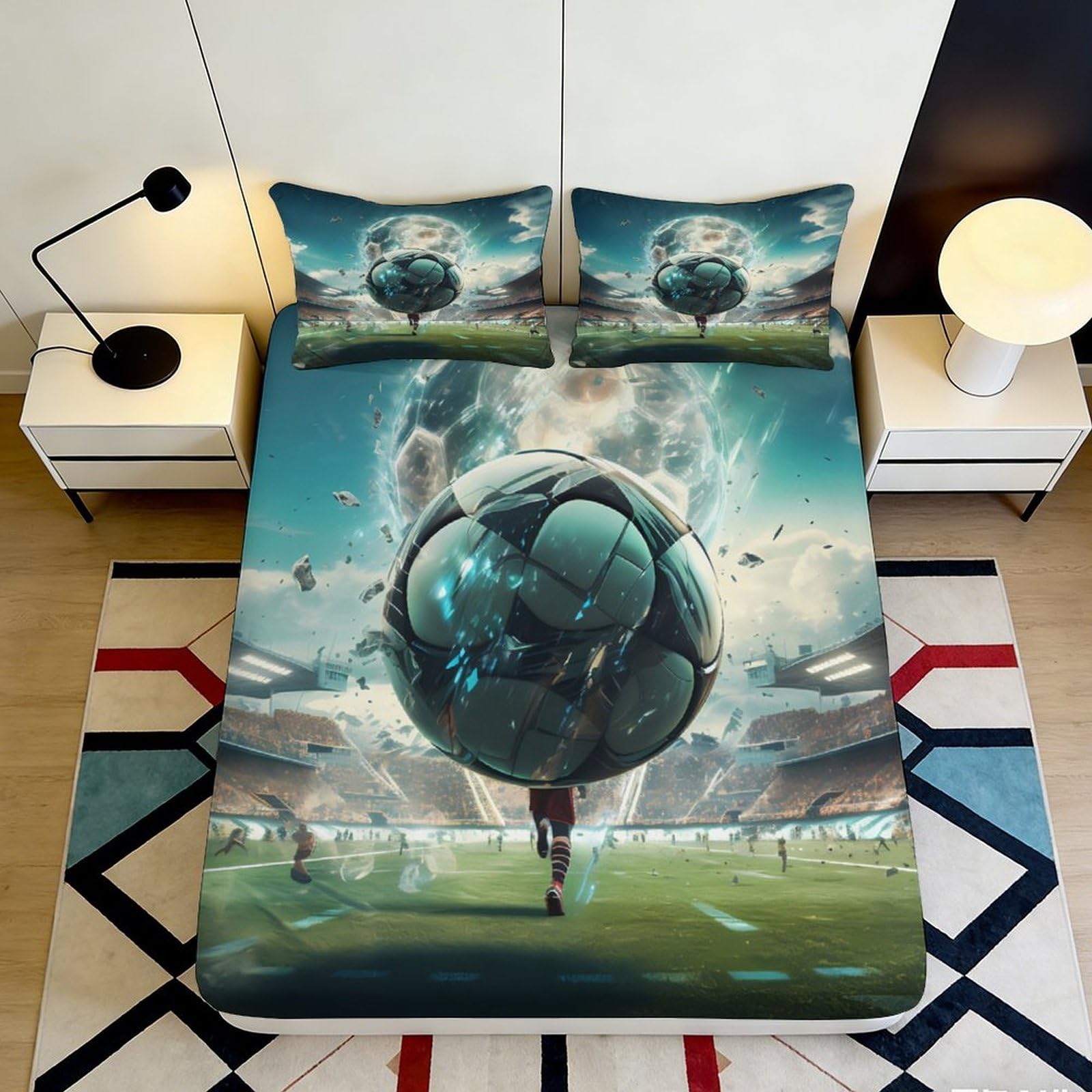 3D Printed Football Stadium Fitted Sheet Microfiber Soft Breathable Soccer Match Mattress Cover Bedroom Decor 90x200x25cm