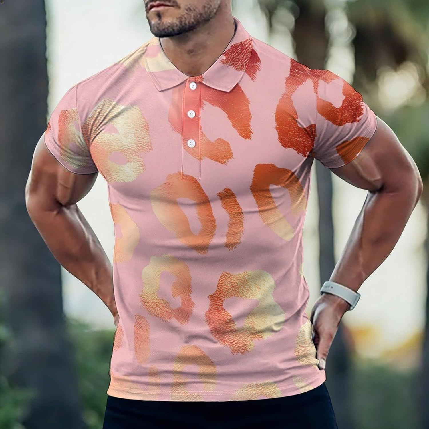 Rose Gold Leopard Pattern Men's Polo Golf Shirts Collared T-Shirt | short sleeve,three button,quick dry,machine washable,summer tee top