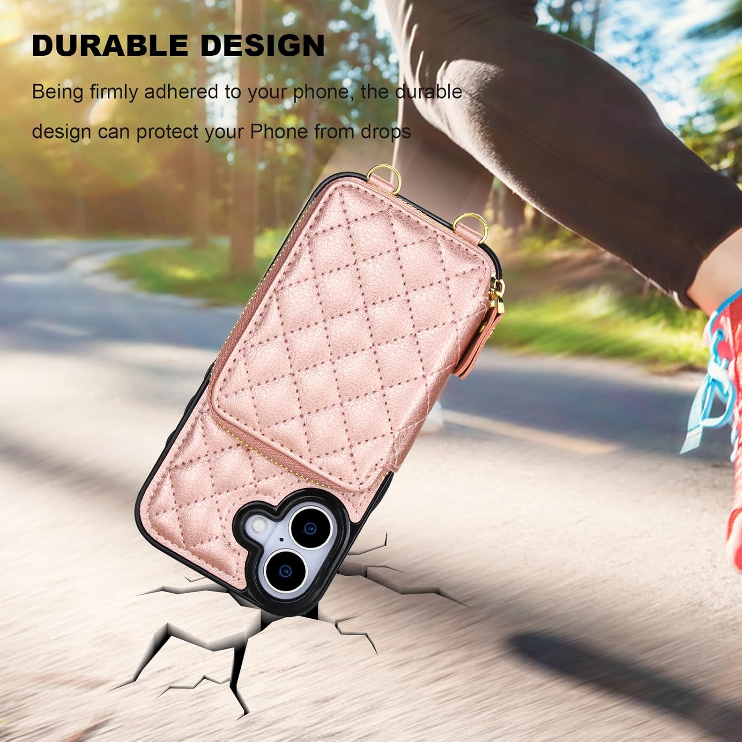 Bocasal Crossbody Wallet Case for iPhone 17, RFID Blocking PU Leather Zipper Handbag Purse Flip Cover, Kickstand Folio Case with Card Slots Holder Wrist Strap Lanyard 5G 6.3 Inch (Rose Gold) - Image 8