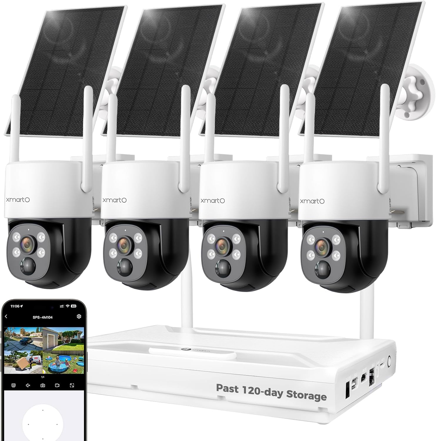 XMARTO Solar Camera Outdoor Wireless, 4 PCs QHD 4MP Wireless PTZ Security Camera System with 4K 10CH Expandable WiFi NVR, All-Weather Solar Charge, Two-Way Audio, PIR Sensor, 360° View, No Monthly Fee