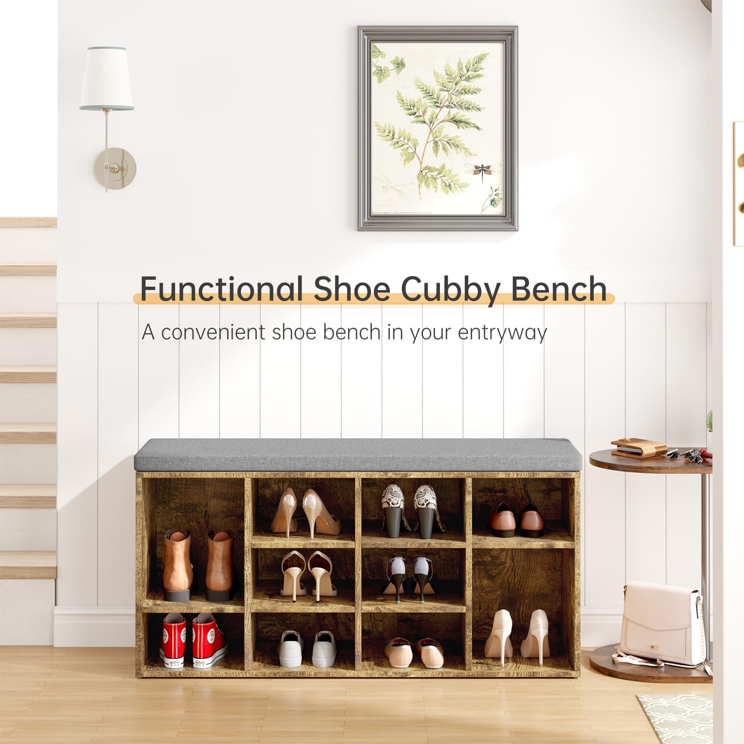 PayLessHere Shoe Bench Storage Bench Shoe Storage Organizer with Cushion Padded Seat 10 Compartments for Entryway Hallway Living Room Bedroom Entryway Bench (Brown)