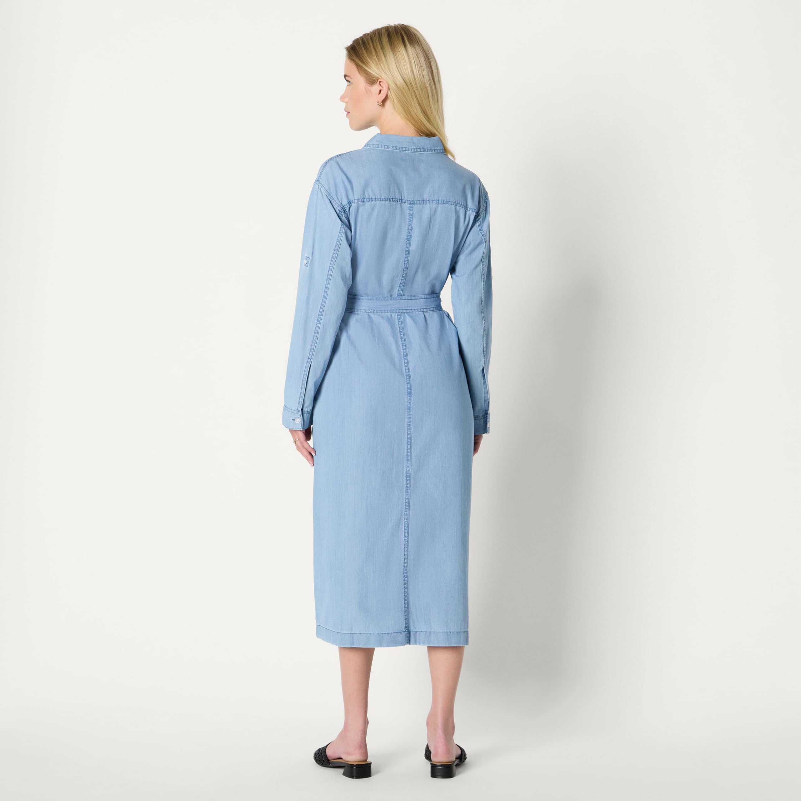 Amazon Essentials Vestido de Manga Larga de Cambray Vaquero de Corte Recto Mujer