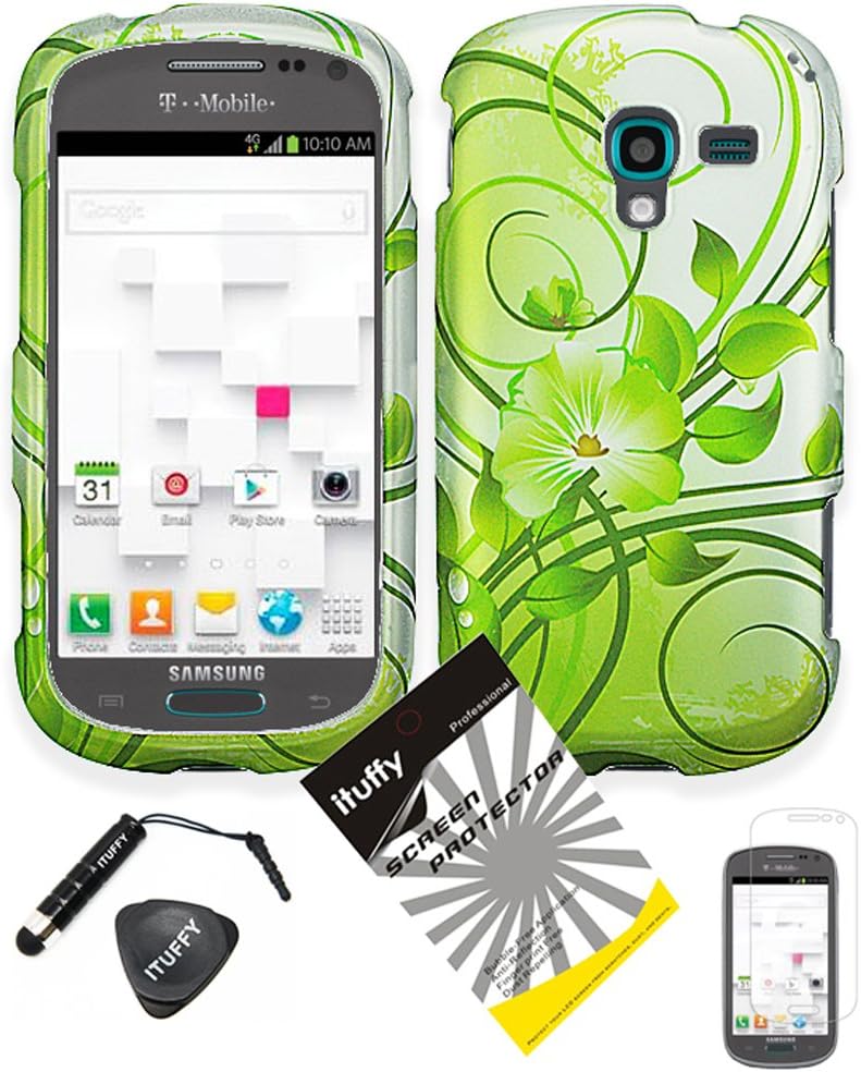 4 items Combo: ITUFFY (TM) LCD Screen Protector Film + Mini Stylus Pen + Case Opener + Silver Green Vine Hawaiian Flower Design Rubberized Snap on Hard Shell Cover Faceplate Skin Phone Case for (MetroPcs/ T-Mobile) Samsung Galaxy Exhibit (2013) / T599 / SGH-T599 (Not Compatible with Exhibit 2 II)