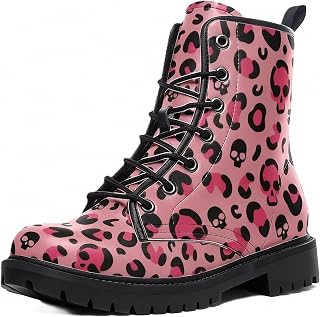 Women Leopard Ankle Boots Casual Everyday Stylish Colorful Platform Lace-up Leather Combat Booties Party Halloween Christmas