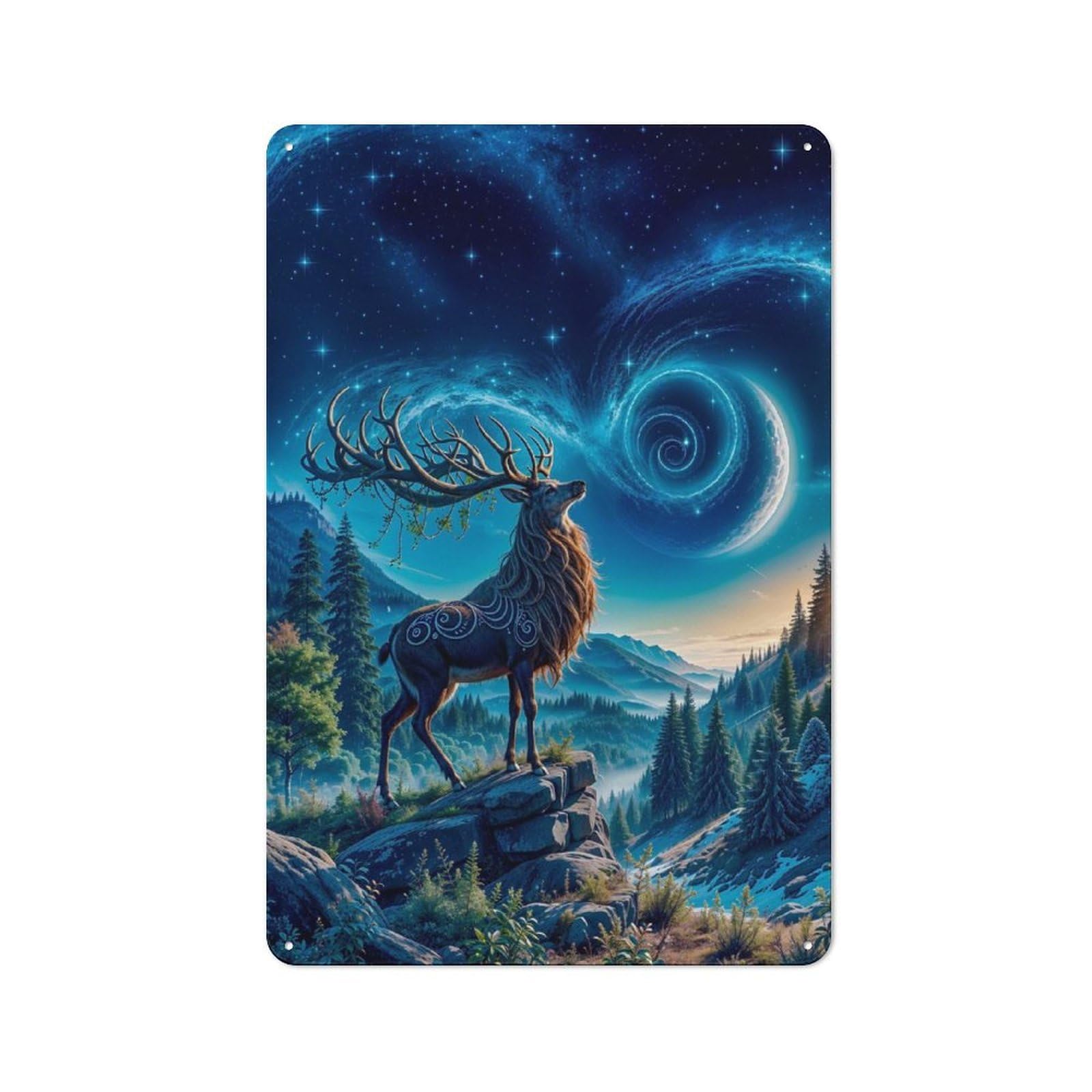 Junmoney Mystical Deer Under Starry Sky Decorative Metal Sign 30X20cm, Understated Studio Wall Plaque For Hobby Room, Office, Lounge Or Living Room
