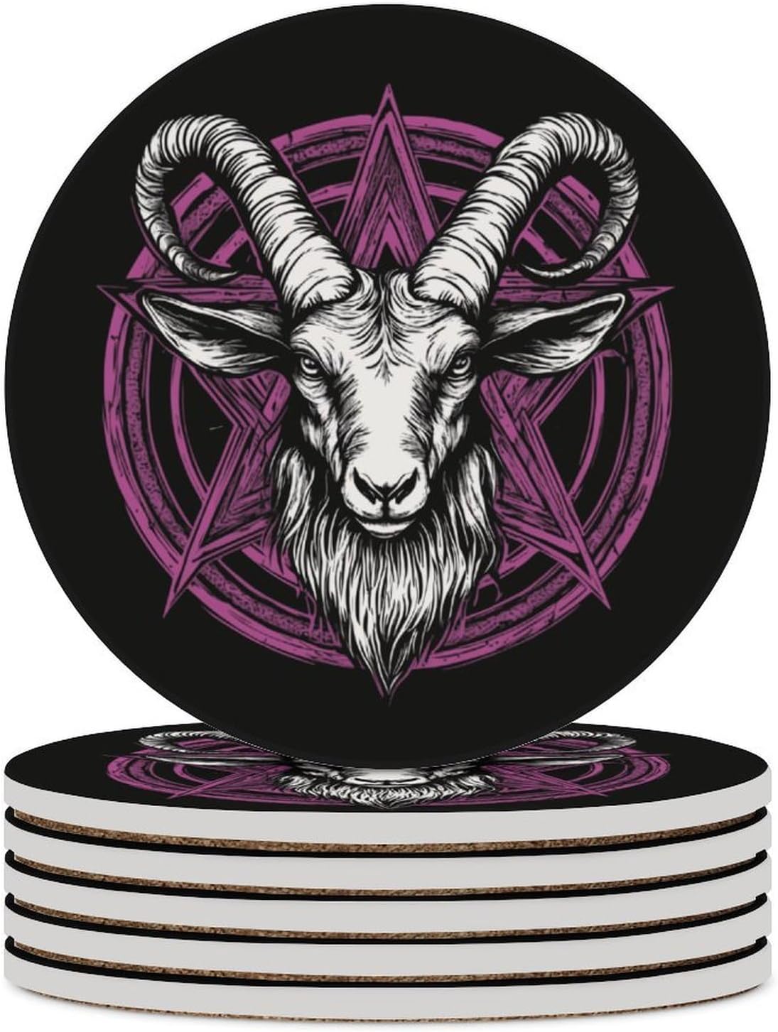 Baphomet Satanic Goat Head Round Ceramic Coasters for Drinks Absorbent Cup Holder Tabletop Protector with Cork Base