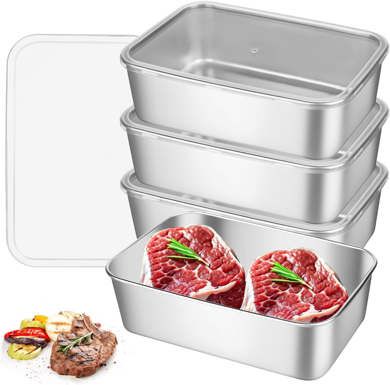 Food Storage Containers with Lid, Large 2000 ml Storage Jars Set, Stainless Steel Storage Box, Kitchen Storage Containers, Airtight Food Containers, Fridge Organiser for Cheese, Fruit, Meat,