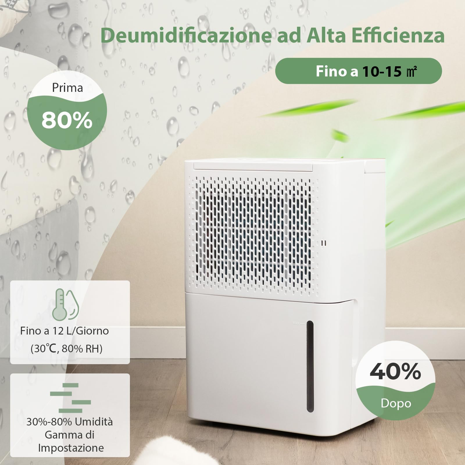COSTWAY 12L Deumidificatore per Casa, Silenzioso ed Efficiente con Modalità Continua/Asciugatura/Auto, Timer 24 Ore, Maniglia Portatile, Ideale per Cantine Bagno e Camere da Letto