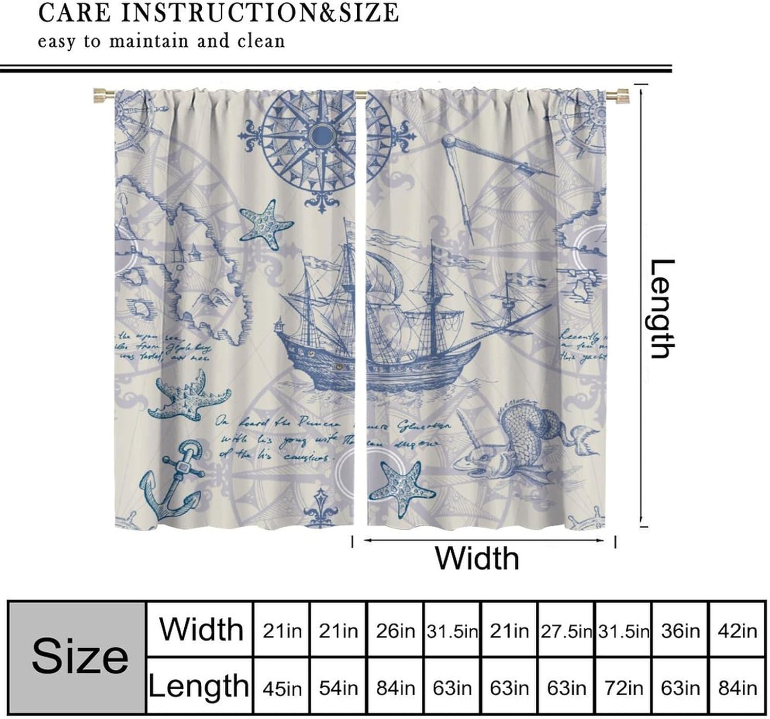 Vintage Sailboat Curtains, Caribbean Sailboat Cruise Nautical Elements Blue and White Blackout Rod Pocket Window Treatment for Kids Bedroom Living Room Restaurant Kitchen Drapes 63" W X 63" L