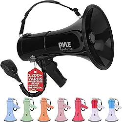 Pyle Megafone Bullhorn 50W – portátil, sirene automática e volume ajustável, alcance de projeção de até 1200 metros quadrados, entrada auxiliar, talk, sirene, música, apito e gravação, alça de ombro