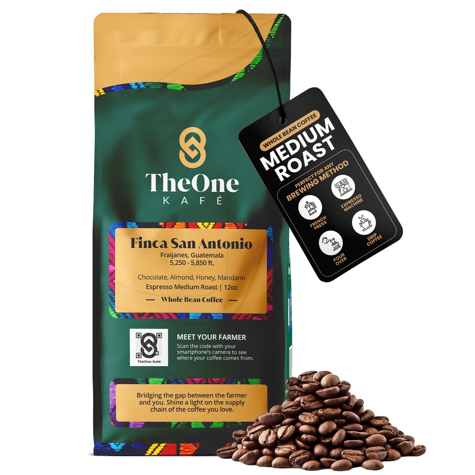 TheOne Kafé Guatemala Medium Roast Whole Bean Coffee – Organic, Single Origin, Premium Specialty Coffee, Ethically Sourced, Smooth & Rich Flavor – Fresh Roasted for Espresso, Drip, Pour Over – 12 oz