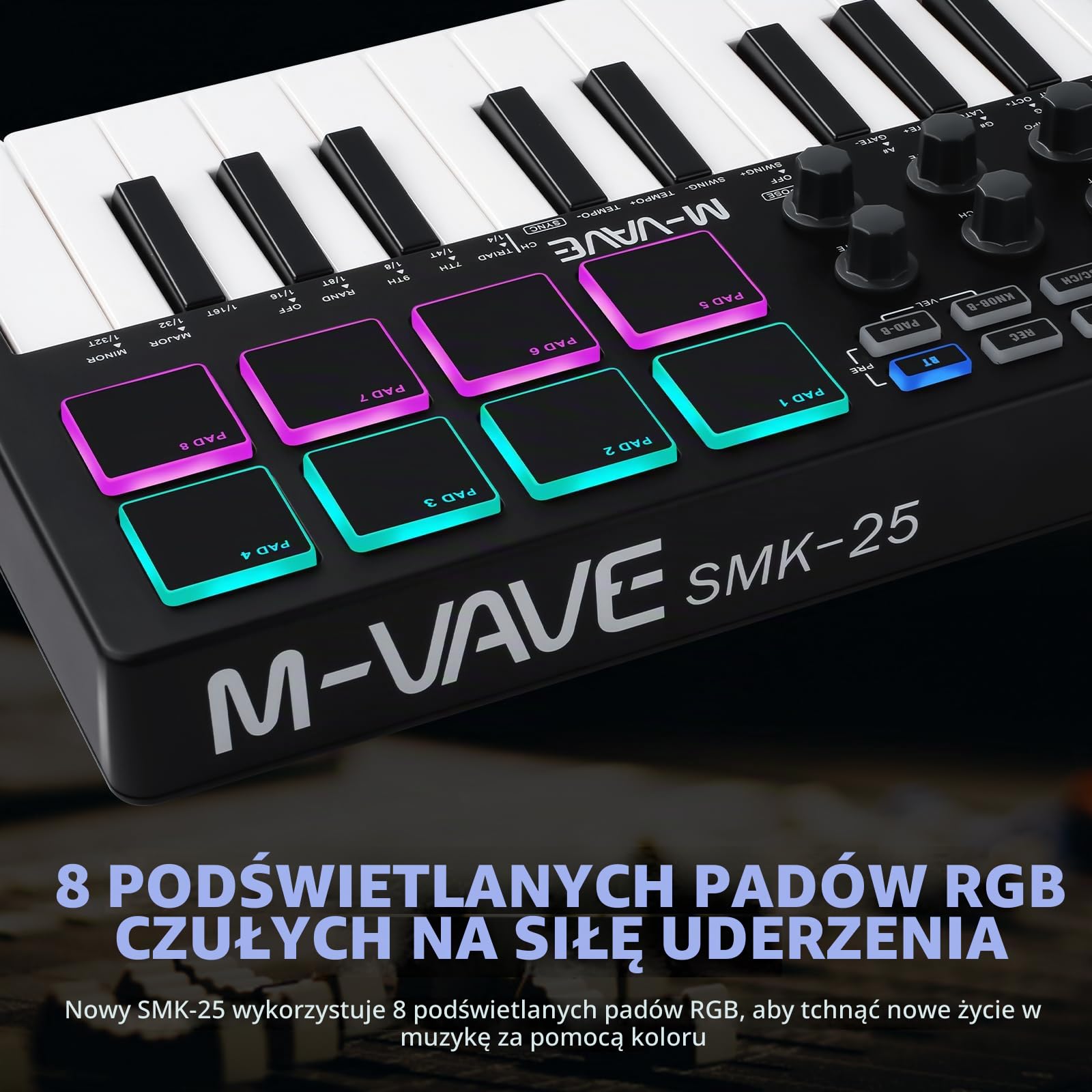 M-VAVE Mini 25-przyciskowa klawiatura MIDI, klawiatura sterująca, klawiatura muzyczna, elektroniczny keyboard MIDI, podkładka kontrolera, SMK-25, czarna i biała, wbudowany akumulator