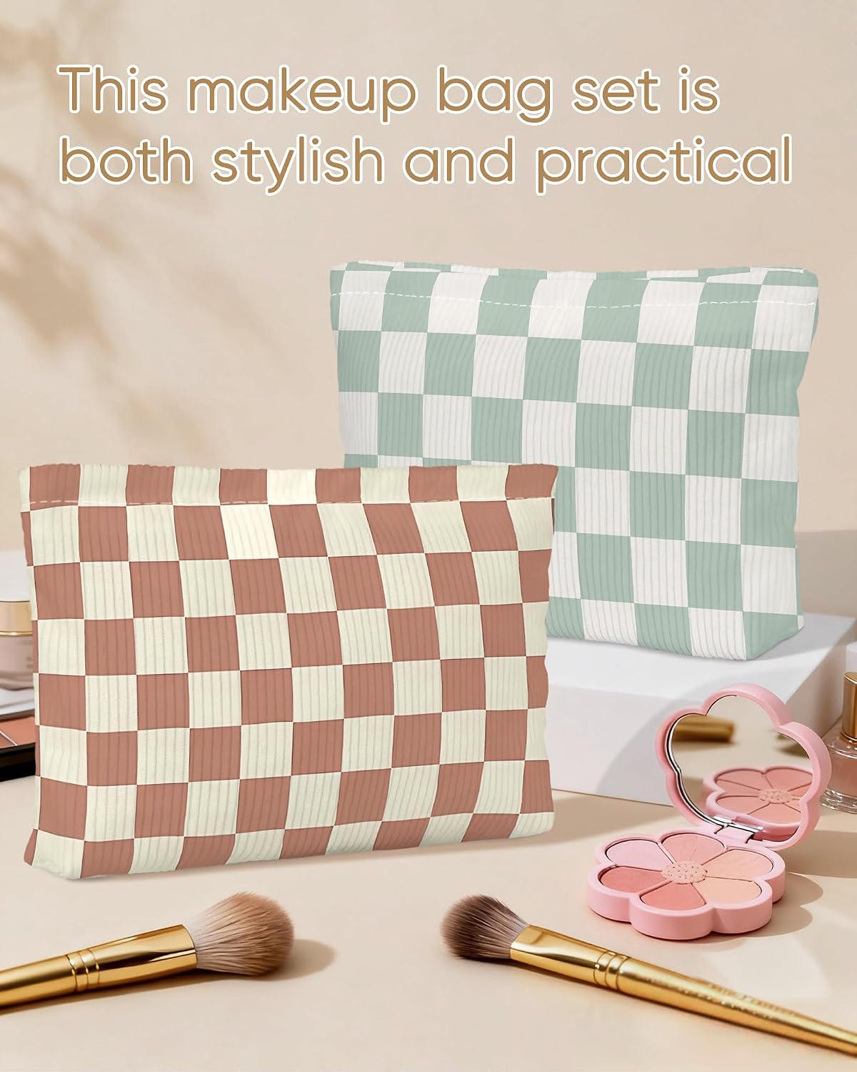 Cute Checkered Makeup Pouch for Women Small Make Up Bag for Zipper Initial Coquette Makeup Cosmetic Bags Pouches for Purse Aesthetic Travel Toiletry, Khaki Brown image 4