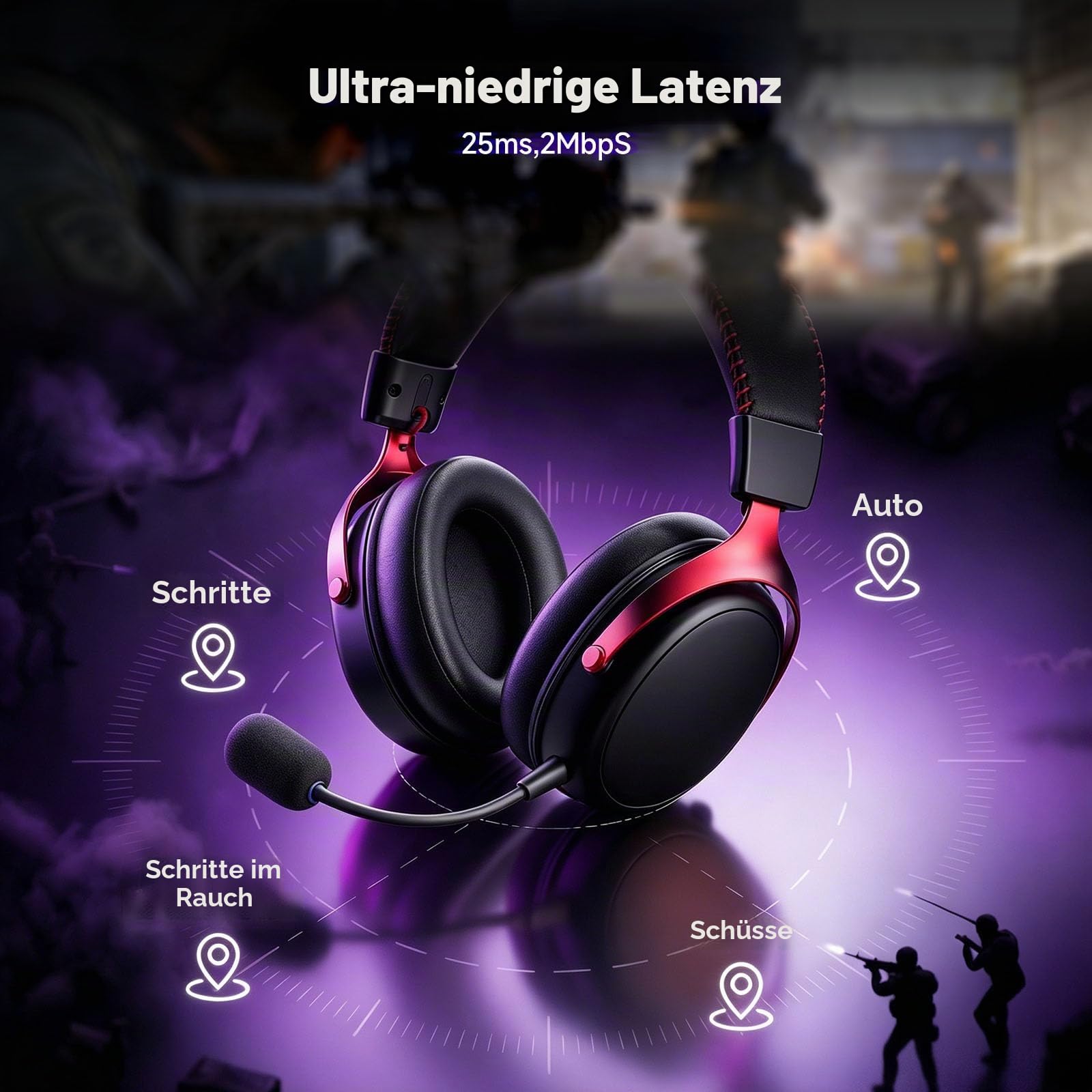 Akko Verge S9 Gaming Headset Kabellos 25ms Niedrige Latenz 270g Leicht | 53mm Treiber, Quad-Modus 2.4G Bluetooth Kabel, Mikrofon mit Geräuschreduzierung, 250H Akku, für PC PS5 PS4(Schwarz Rot)