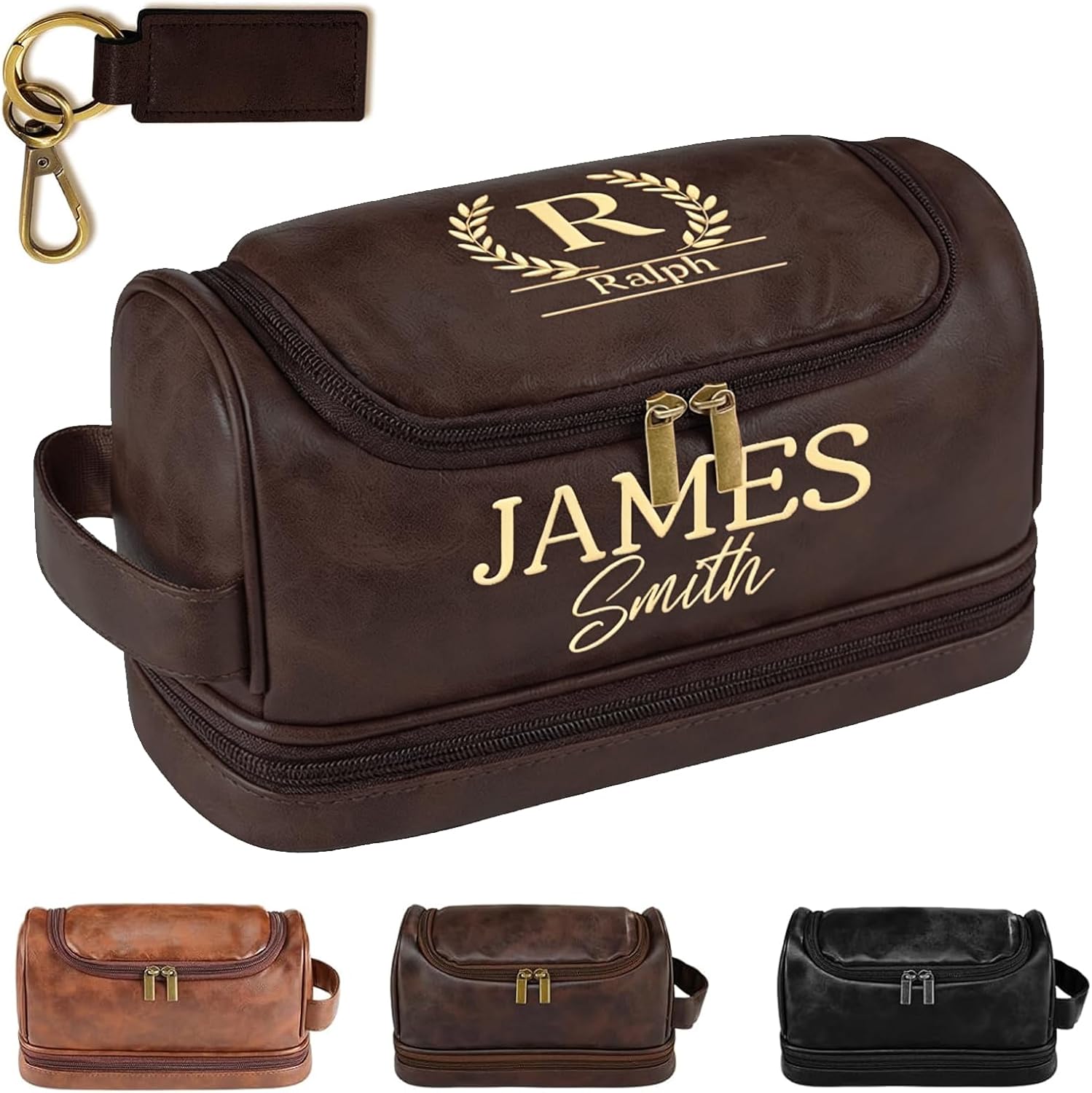 Personalized Leather Toiletry Bag for Mens,Hanging Toiletry Bags Organizer Waterproof Shaving Bag Dopp Kit with Hook for Travel Size (Retro Brown)