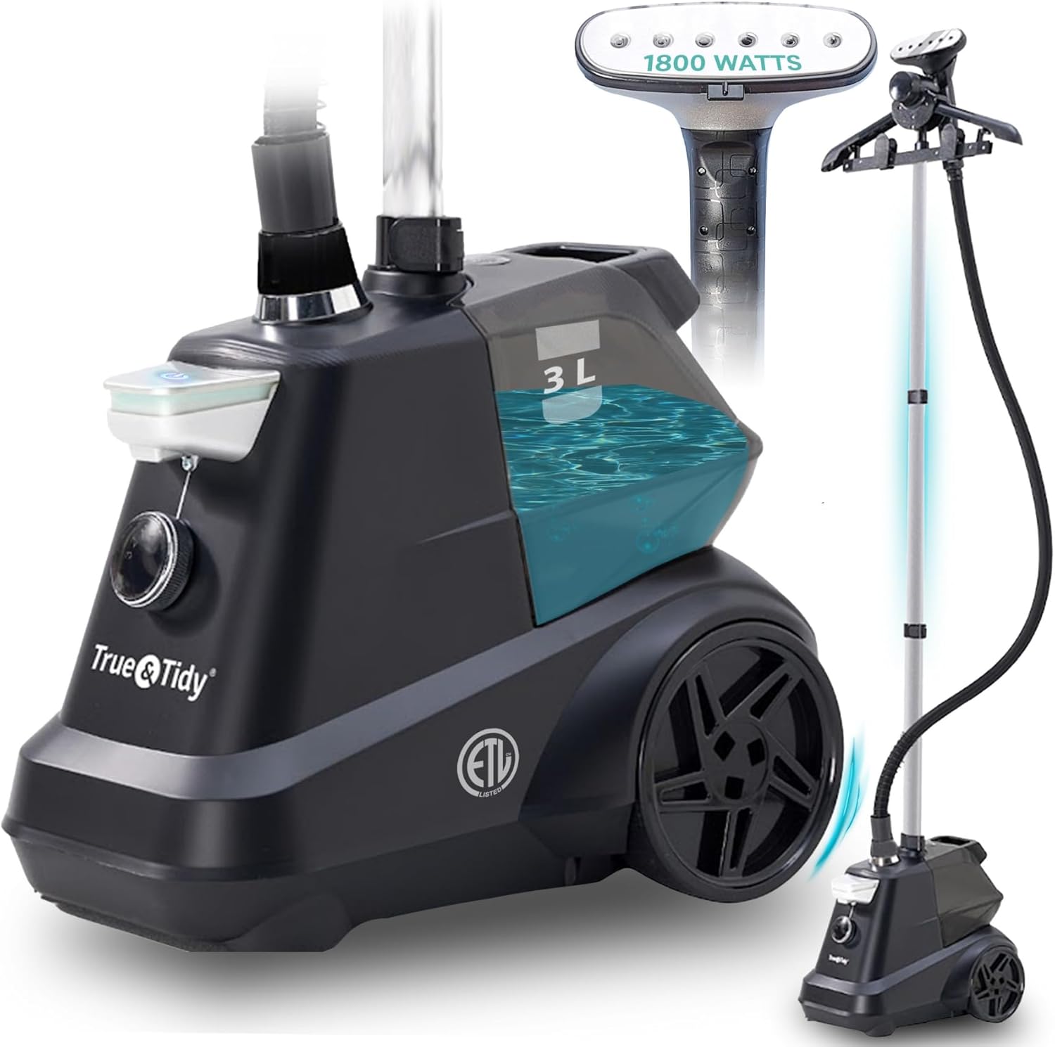 True & Tidy® Heavy-Duty Commercial Industrial Standing Garment Steamer for Clothes, 1800 watts, XL 3L water tank 90+ mins of Steam 3 Steam Settings, Step On/Off Control, Wheels for Easy Movement Commercial Garment Steamer Matte Black