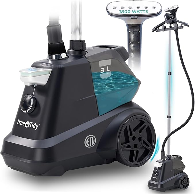 True & Tidy® Heavy-Duty Commercial Industrial Standing Garment Steamer for Clothes, 1800 watts, XL 3L water tank 90+ mins of Steam 3 Steam Settings, Step On/Off Control, Wheels for Easy Movement