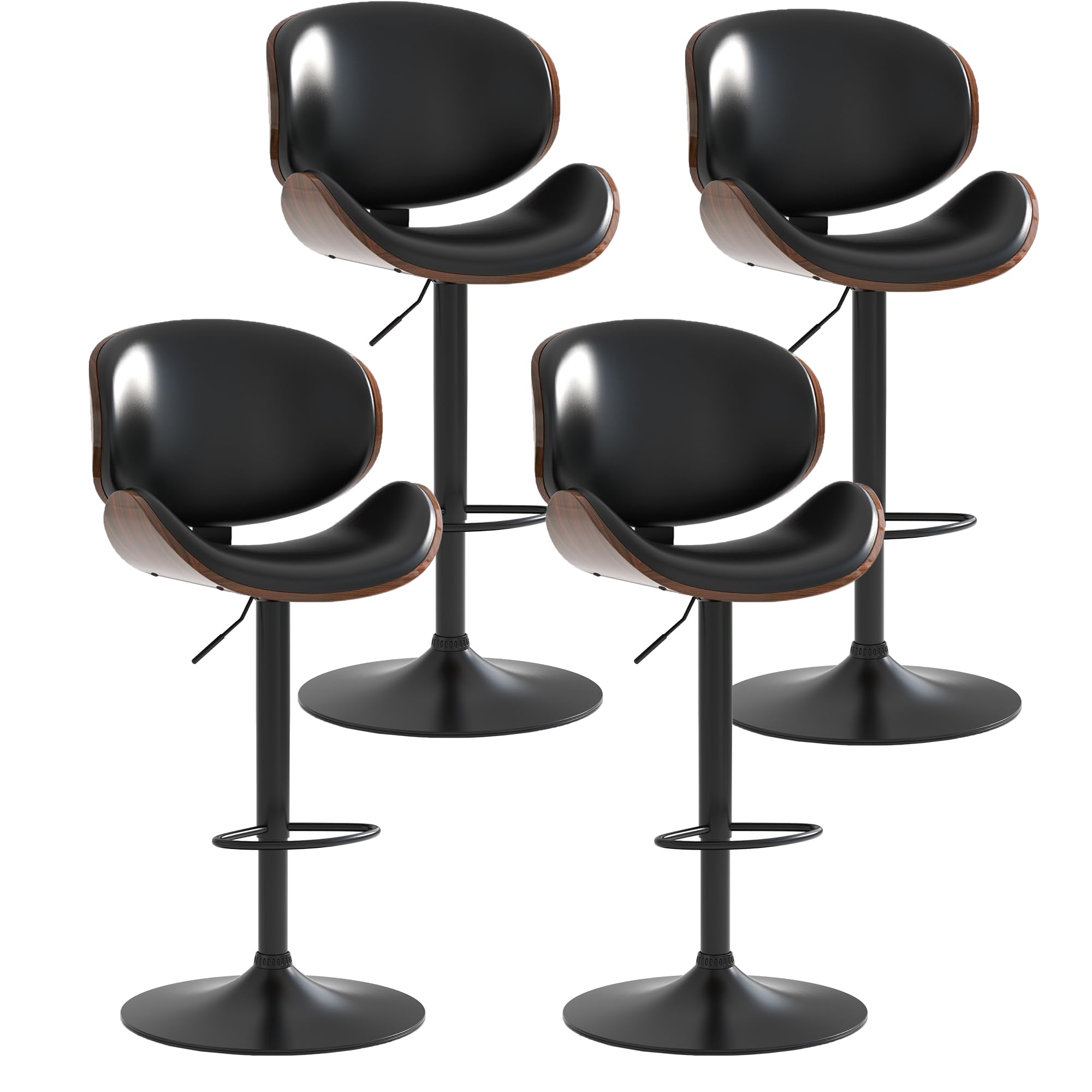 Homedraft Adjustable Swivel Bar Stools Set of 4, Modern Bentwood Barstool with Large Metal Base and Footrest, PU Leather Upholstered Bar Chair with