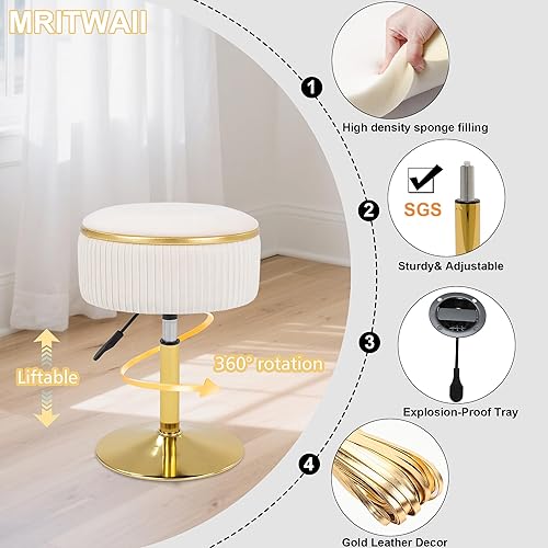 Miniatura 5 de Taburete de tocador ajustable con almacenamiento, silla taburete de maquillaje giratorio de 360°, otomana redonda pequeña de terciopelo con base
