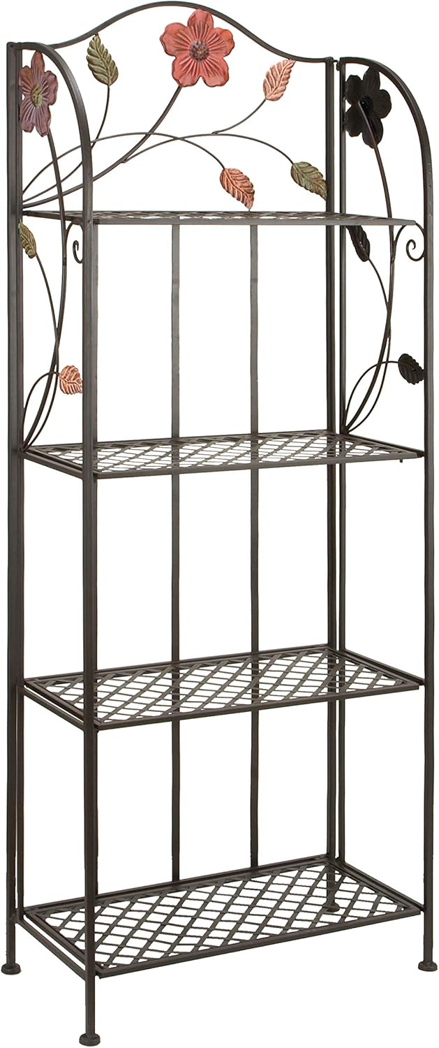 Deco 79 Metal Floral Indoor Outdoor Tall Folding 4 Shelf Bakers Rack, 25 x 12 x 68, Black