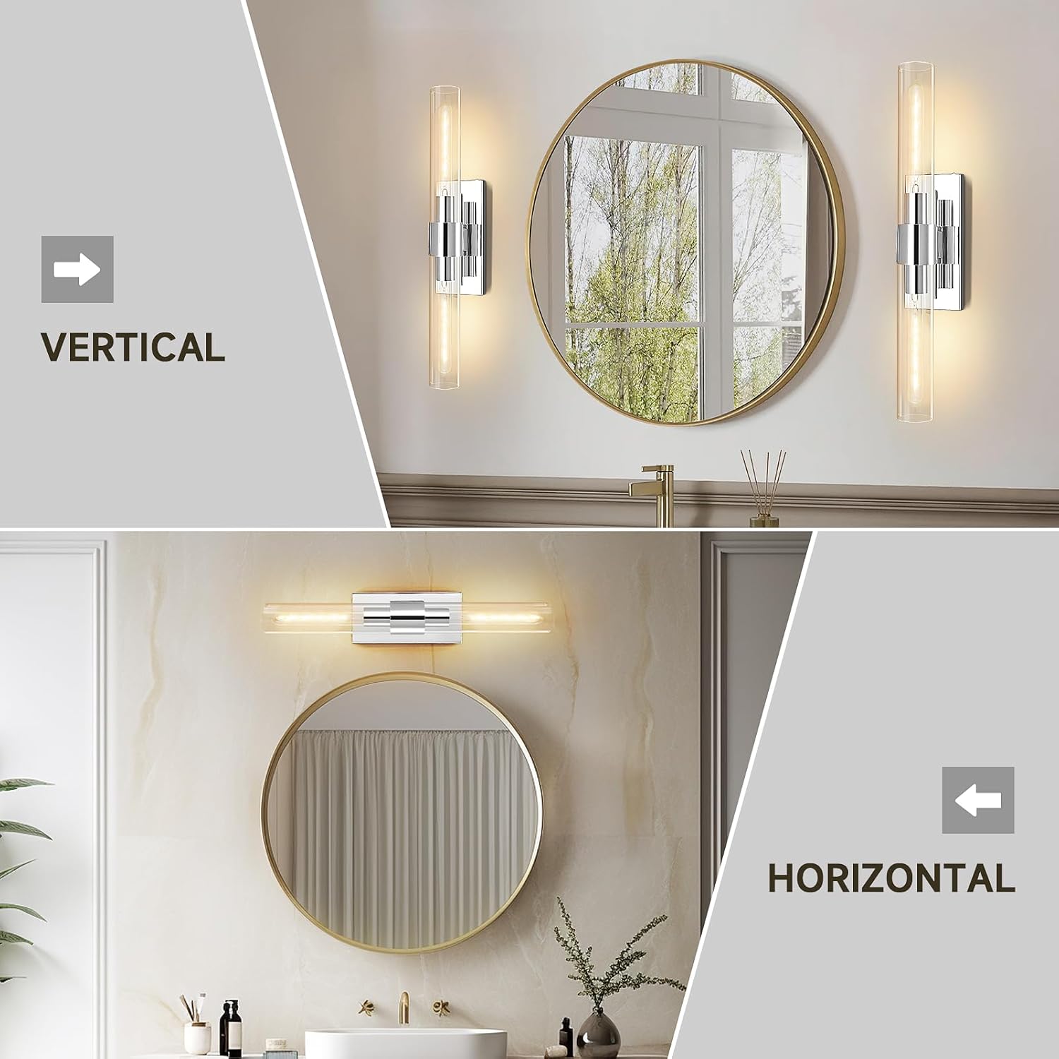 Chrome Wall Sconces, 22.8" Bathroom Sconces, Indoor Sconces Wall Lighting Up and Down, Nickel Wall Sconce Dimmable, Vanity Lights Fixtures with Tube, Glass Sconce for Bedroom, Staircase