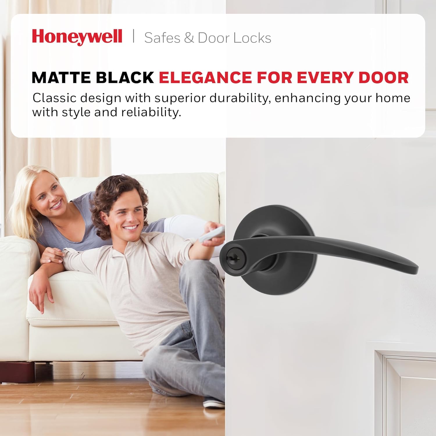 Honeywell Safes & Door Locks Interior Door Handle – Lever Door Handle with Reversible Design, Matte Black, Keyed Entry Function, Easy-to-Install Door Handles for Home & Office - 8108700