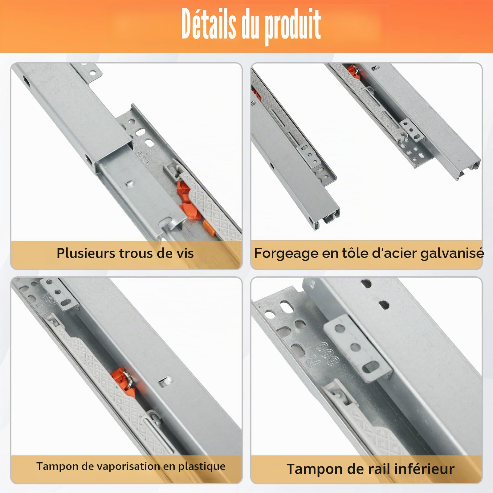 400 mm Glissière de tiroir sous plan de, fermeture en douceur, montage et support par le bas, capacité de charge de 40 kg, extension complète à 3 volets, 1 paire