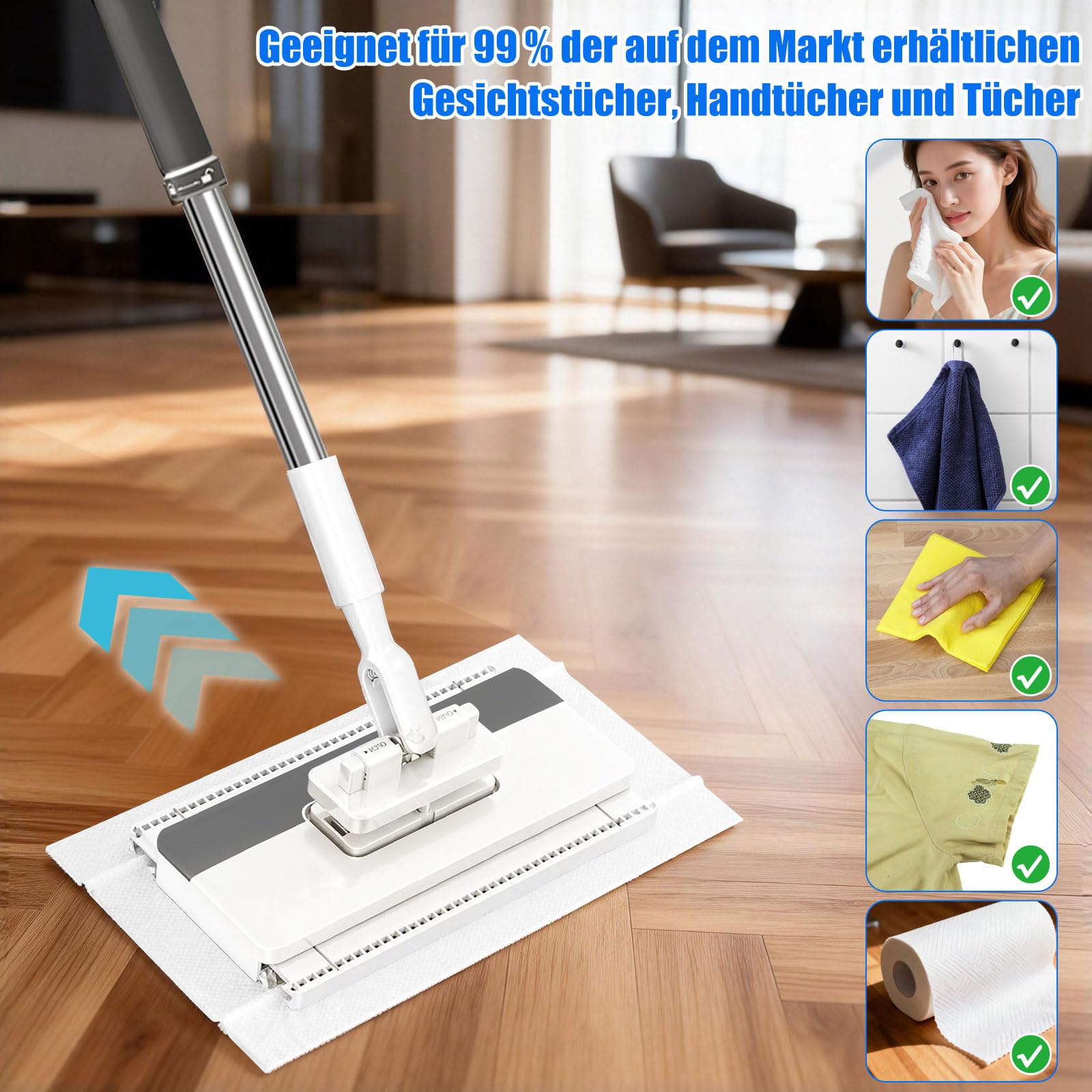 Lazy Snap Grip płaski mop bez użycia rąk, jedno kliknięcie, 22 x zmywalne podkładki z mikrofibry | Uchwyt zatrzaskowy jednym kliknięciem pasuje do każdej tkaniny, obrotowy o 360° długi uchwyt, czyszczenie na mokro i na sucho