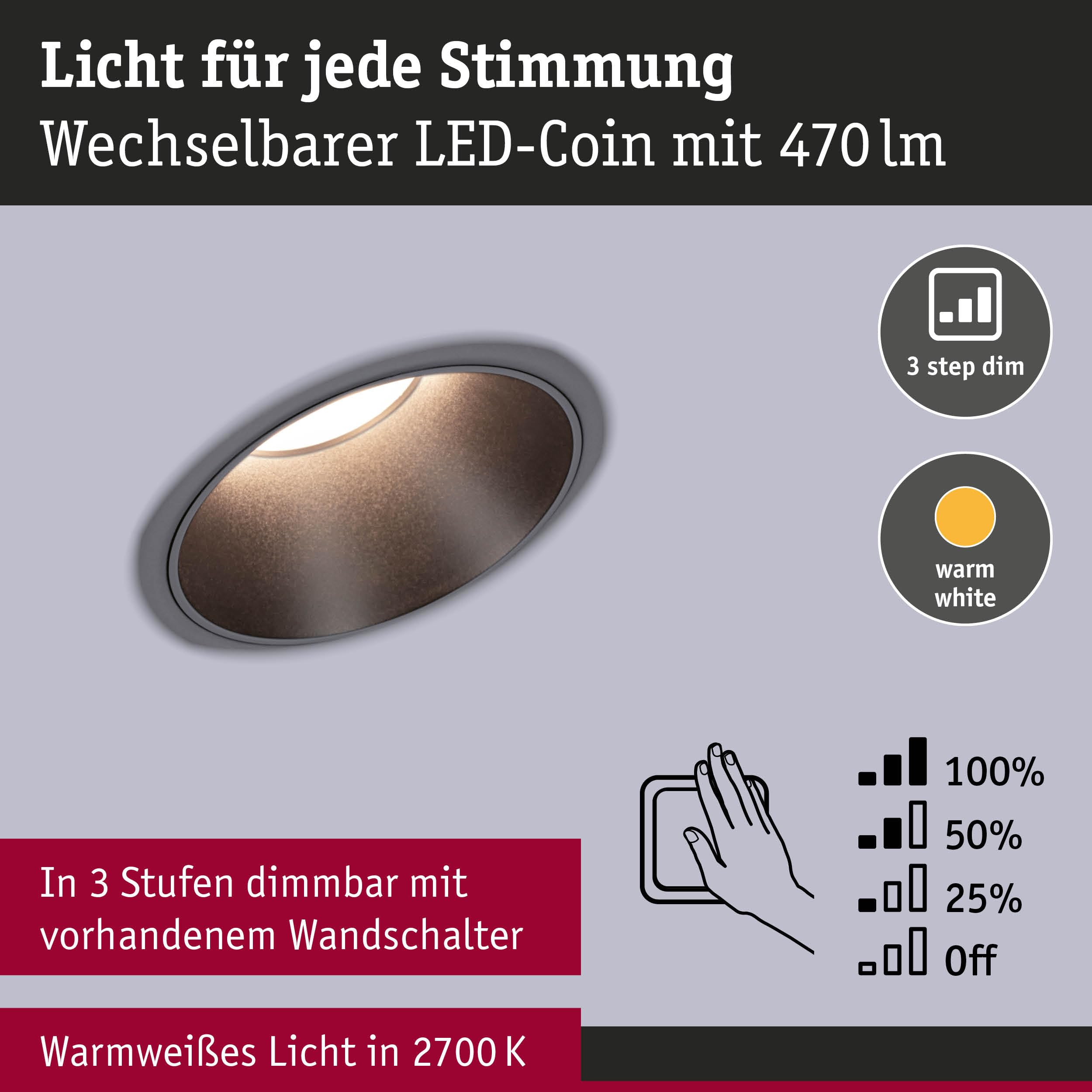 Paulmann 94869 Luminaria empotrable LED 3-Step-Dim Cole set básico juego de 3 uds. IP44 redondo 88 mm Coin 3 x 6 W 3 x 470 lm 230 V 2700 K negro