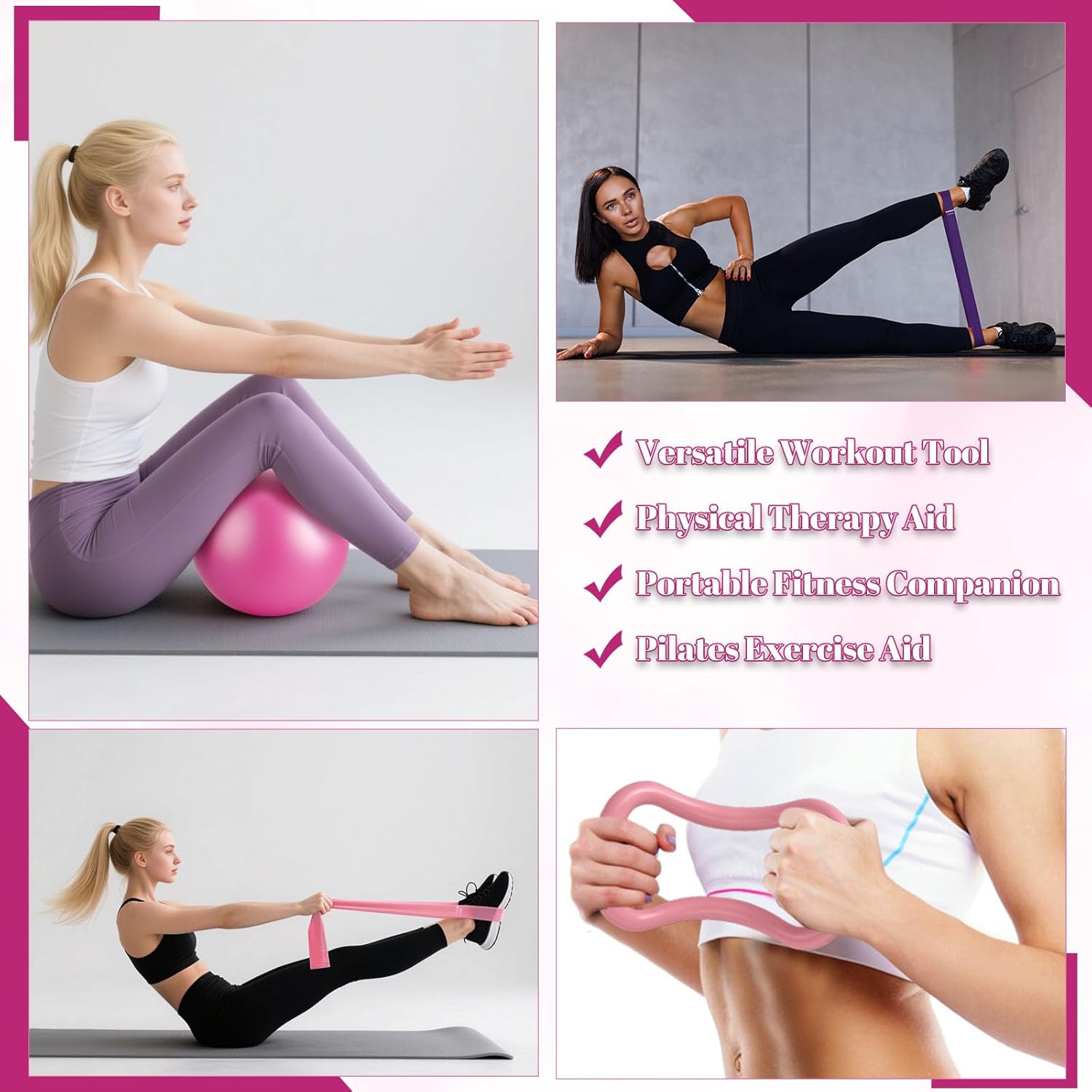 hotqueen 14 PCS Pilates Kit, Home Pilates Workout Kit for Women, Pilates Equipment with 14.9" Pilates Ring and Ball, Resistance Bands, Sliders & Grip Socks Accessories for Starter Home Workouts(Pink) - Image 4