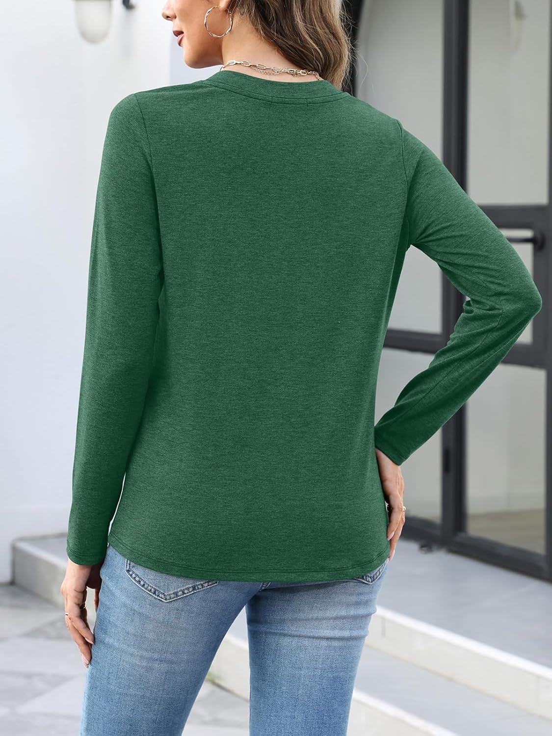 Womens Long Sleeve T Shirts V Neck Ruched Tops Loose Fit Pleated Tee Dressy Casual Tunic Blouses Fall Clothes - Image 5