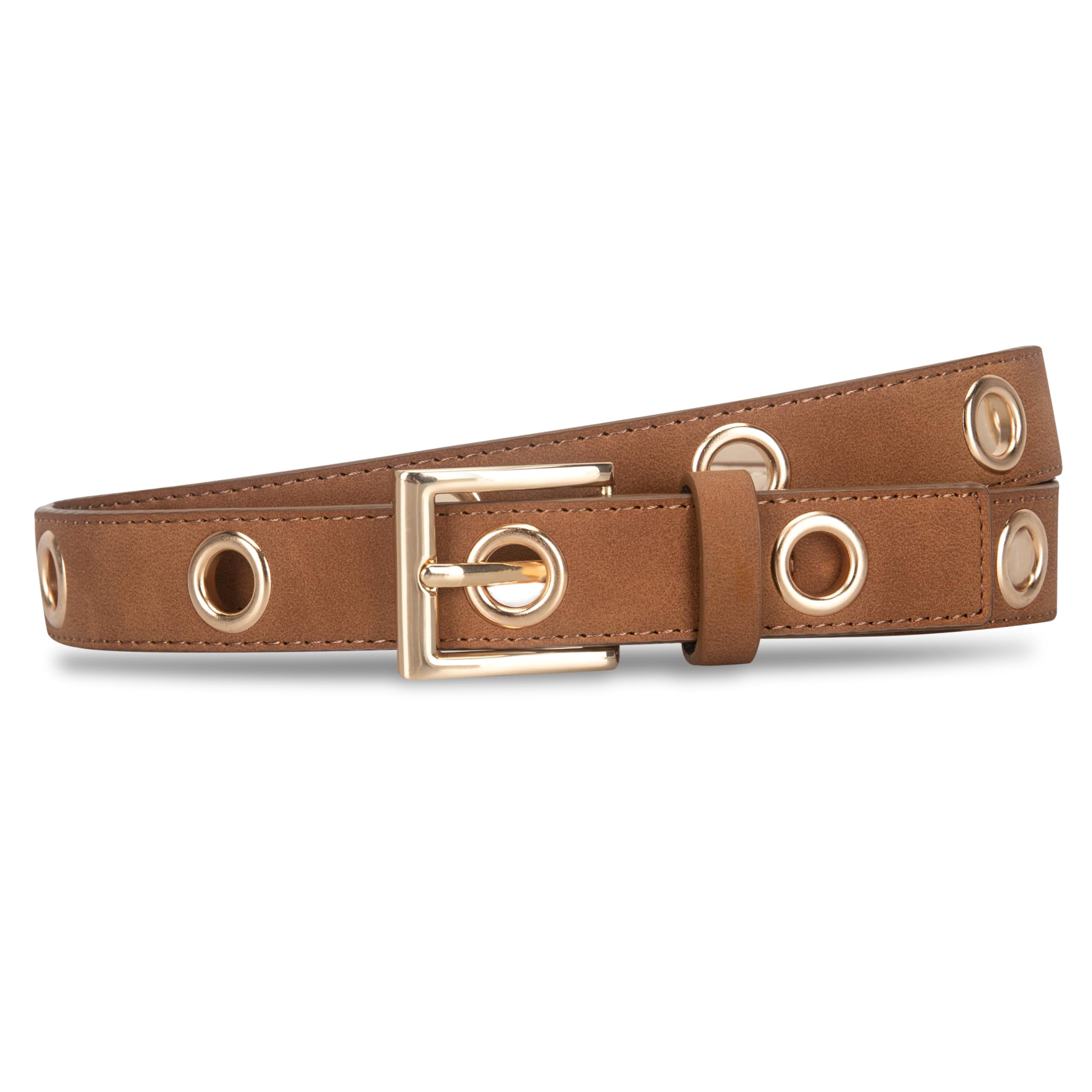 totes® Ladies Studded Jean Waist Belt With Eyelet Detail and Gold Tone Buckle, Lightweight and Comfortable for Everyday Wear, Tan, Small/Medium