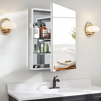 20 x 28 Inch Medicine Cabinet Mirror, Single Door with Beveled Edge Mirror Door, Recessed & Surface Mount, Bathroom Mirror Medicine Cabinet with Storage Aluminum Silver, Medicine Mirror Cabinet