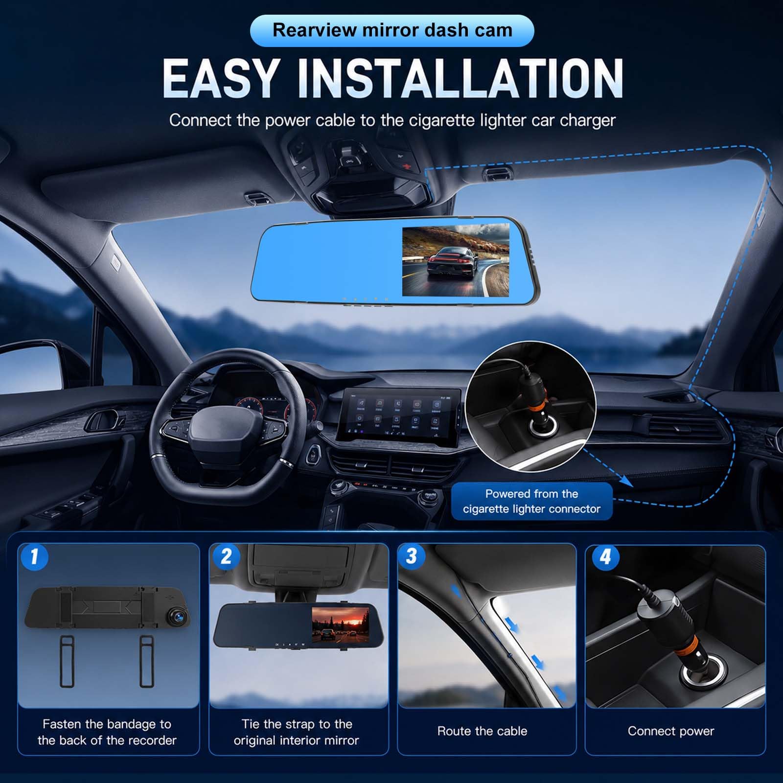 NHOPEEW Dashcam lusterko 4,5" 1080P Ant-Post, karta 64 GB w zestawie