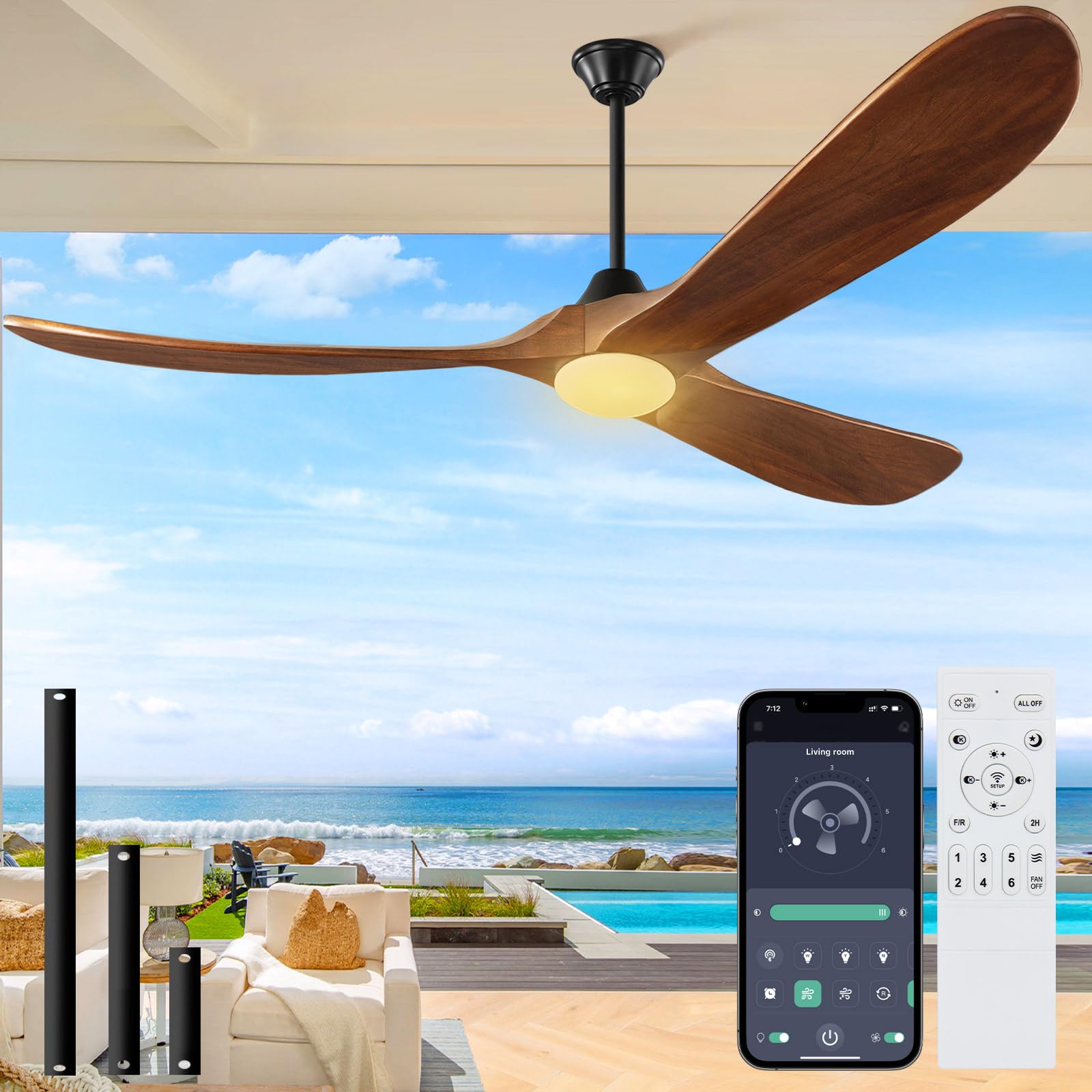 60 inch Outdoor Ceiling Fan with Light-Glass Lamp, 3 blade Wood Propeller Ceiling Fans with Lights and Remote Control for Patios, Exterior Wet Rated High CFM Ceiling Fans Modern Smart APP, Walnut