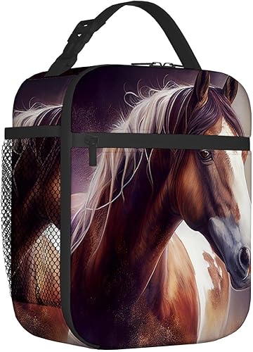 Bolsa de almuerzo con estampado de caballo de acuarela marrón para mujeres y hombres, lonchera portátil con aislamiento, bolsas de mano para
