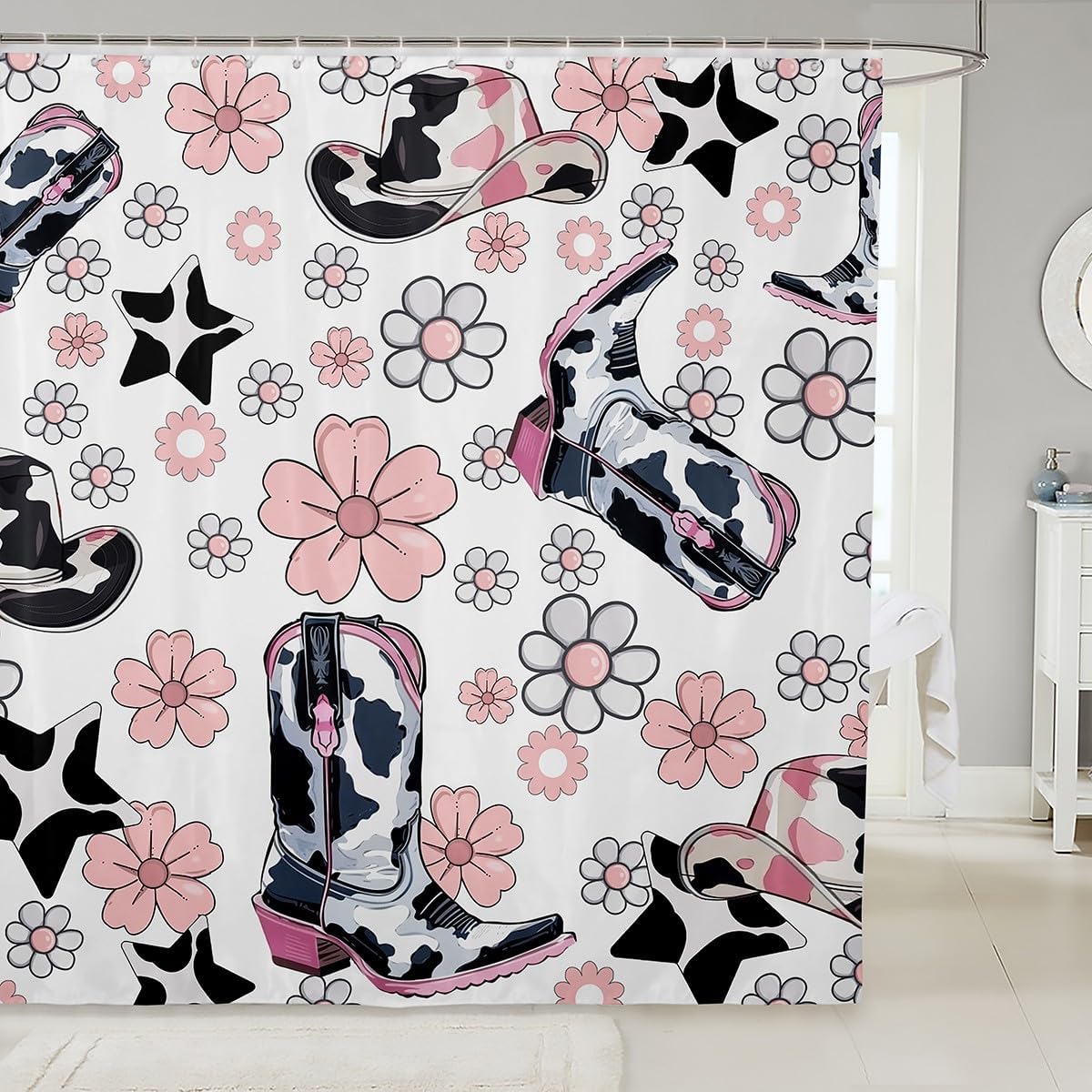 Manfei Cowboy Shower Curtains Cowboy Boots Bathroom Curtains for Kids Girls Room Decor, Wild West Cactus Flower Cowgirl Waterproof Bath Curtains with 12 Hooks Suits for Bathtub, 72" W x 84" L