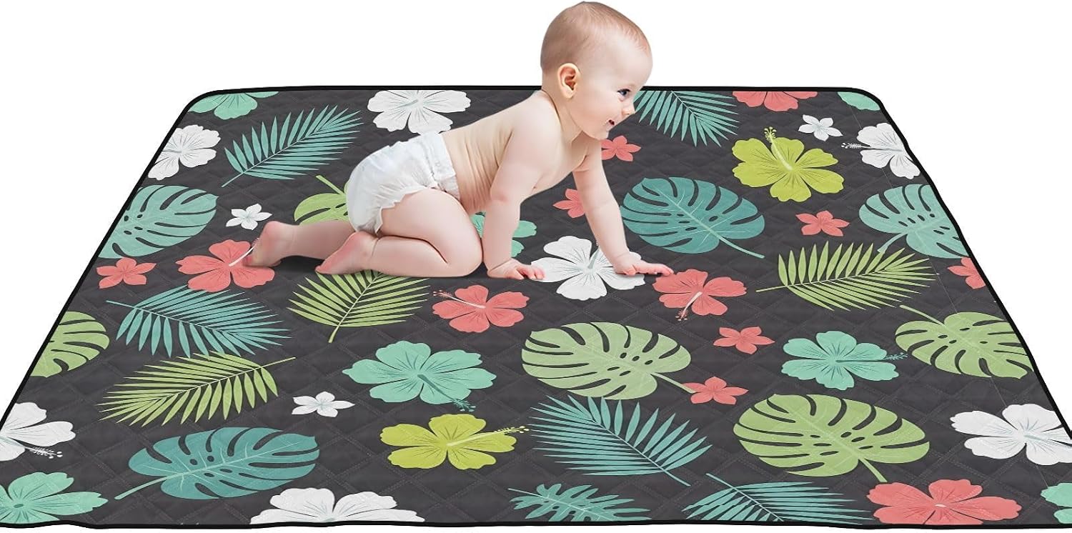 Tropical Leaves Baby Play Mat, 50 x 50 Inch Thicken Soft Baby Playmats Foldable Machine Washable Crawling Mat for Floor, Babies, Toddlers