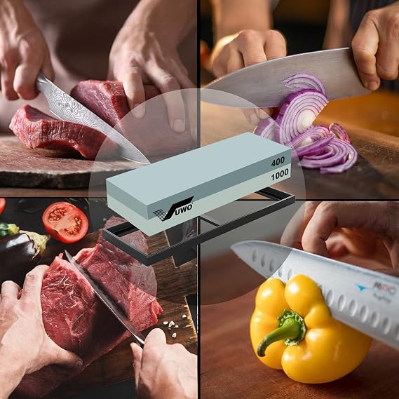 Knife Sharpening Stone Kit- Professional Knife Sharpener Dual Sided 400&1000 Grit Wet Stone Set with Non-Slip Rubber Base Whetstone for Kitchen