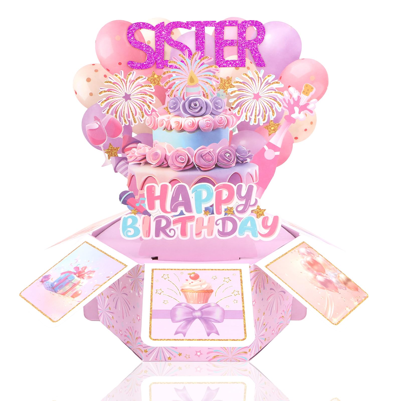 KIUEZIR Sister Birthday Pop Up Card with 3D Colorful Fireworks, Balloons & Cake Design, Pop-Up Purple Greeting Card Box with Envelope for Women, Creative Decorations Birthday Celebration