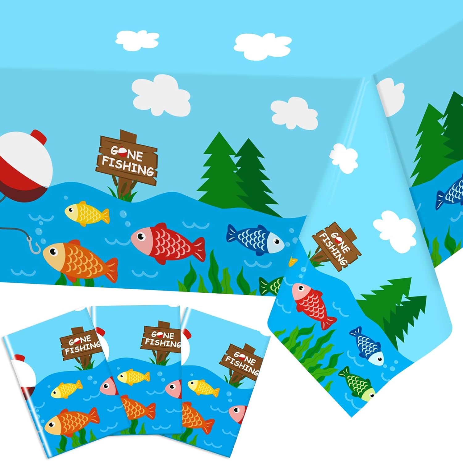 Nefelibata 3Pcs Gone Fishing Tablecloths for Ofishally One Birthday Decorations, Plastic Disposable Waterproof Little Fisherman Table Cover, Fishing Themed Birthday Party Supplies for Kids 42" x 88"