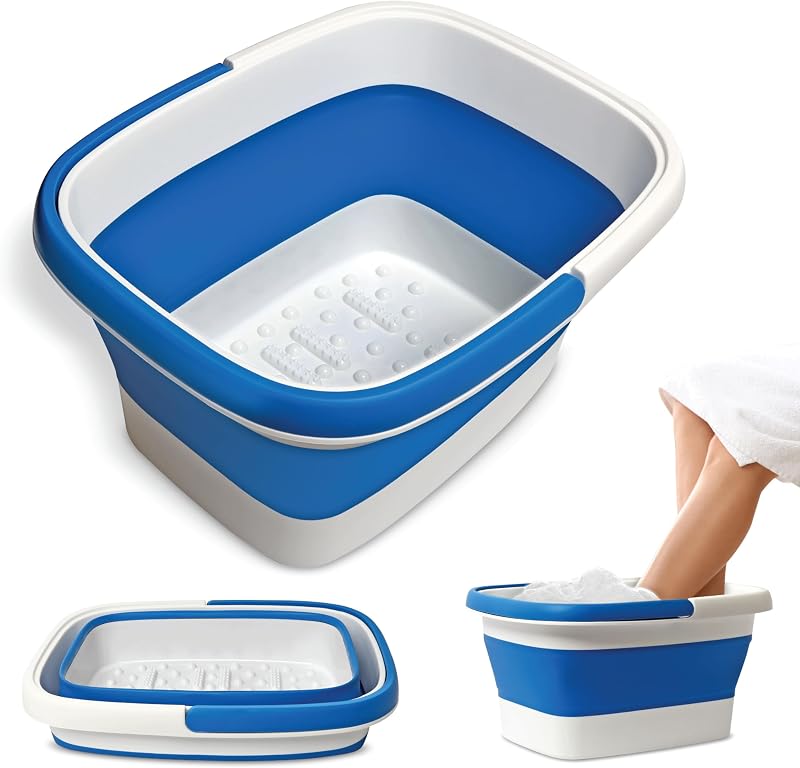 Mantello Collapsible Foot Bath Foot Soaking Tub | Portable Foot Spa Pedicure Bowl | Large Basin to Soak & Wash Feet | Folding Bucket with Carry Handle | White & Grey, Blue, Green [Blue]