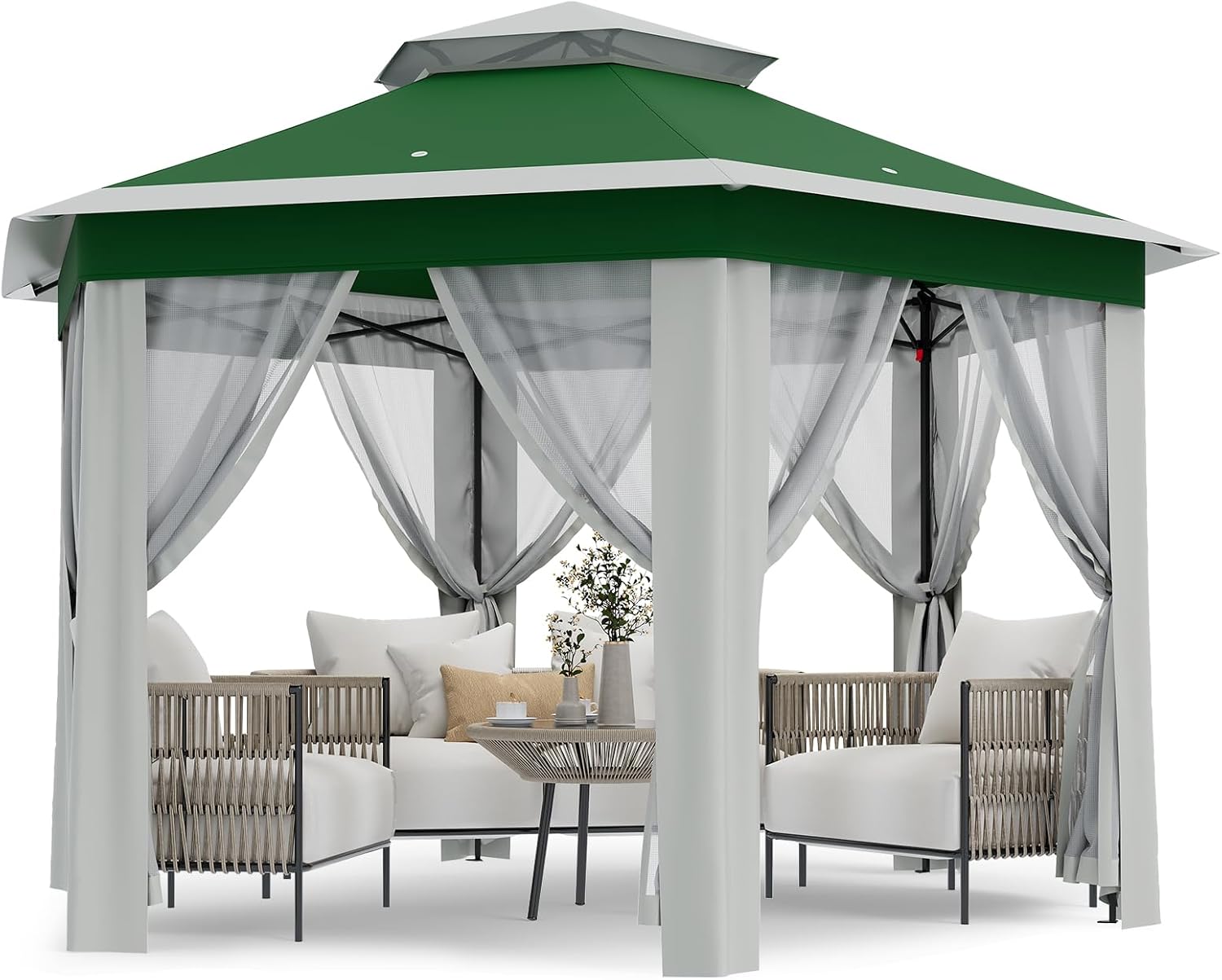 Patikuin Hexagonal Pop-Up Gazebo Tent 13x13 FT – Double Vent Roof, Mosquito Netting, UV & Water Resistant, Adjustable Height, Portable Canopy with Carry Bag for Patio, Backyard, Lawn Parties – Green