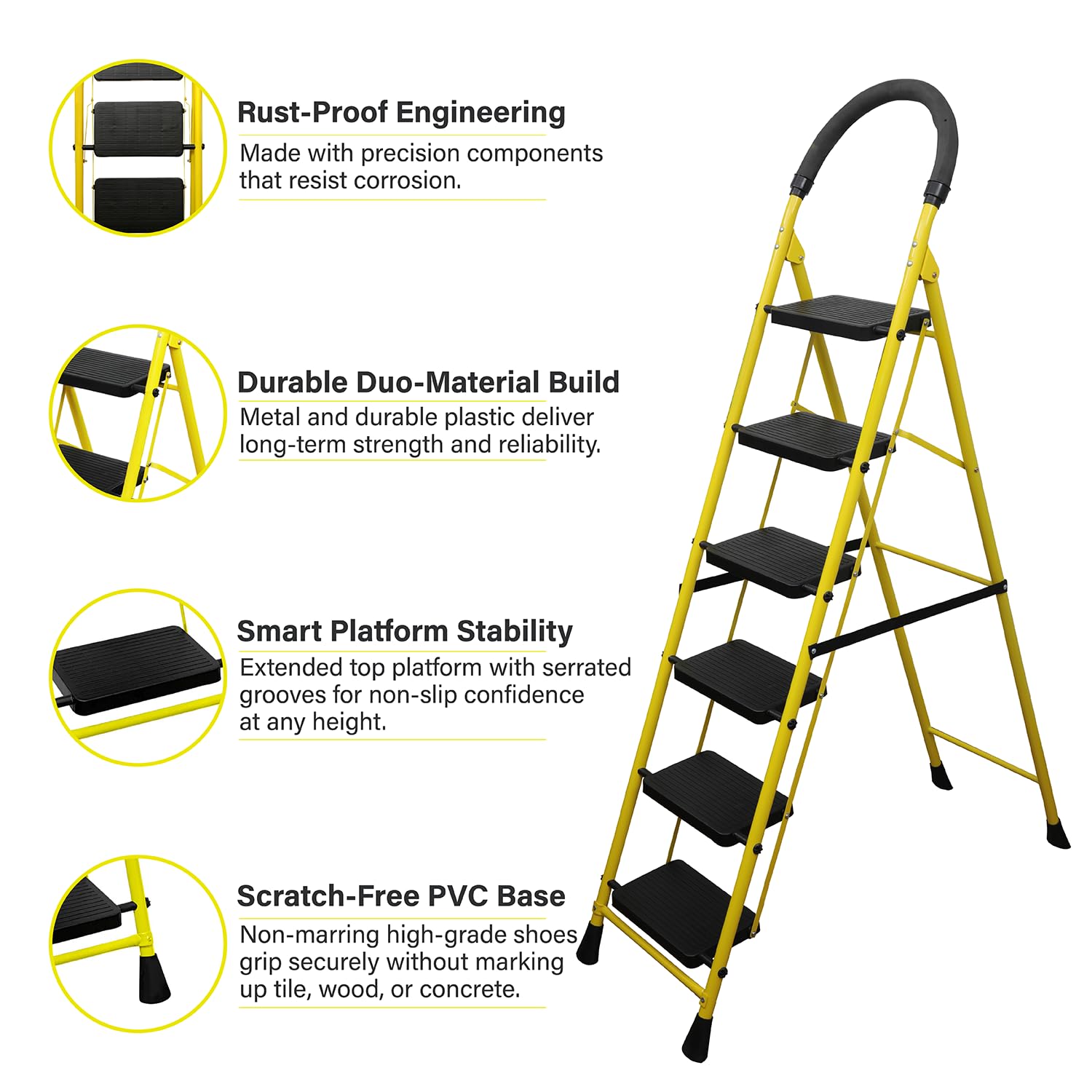 BonKaso Mild Steel Multipurpose Climb Swift 6-Step Foldable Ladder with Safety Clutch Lock, Load Capacity Upto 120kg – Anti-Slip Designed for Indoor & Outdoor Use - (Yellow & Black) — Amazon image 4