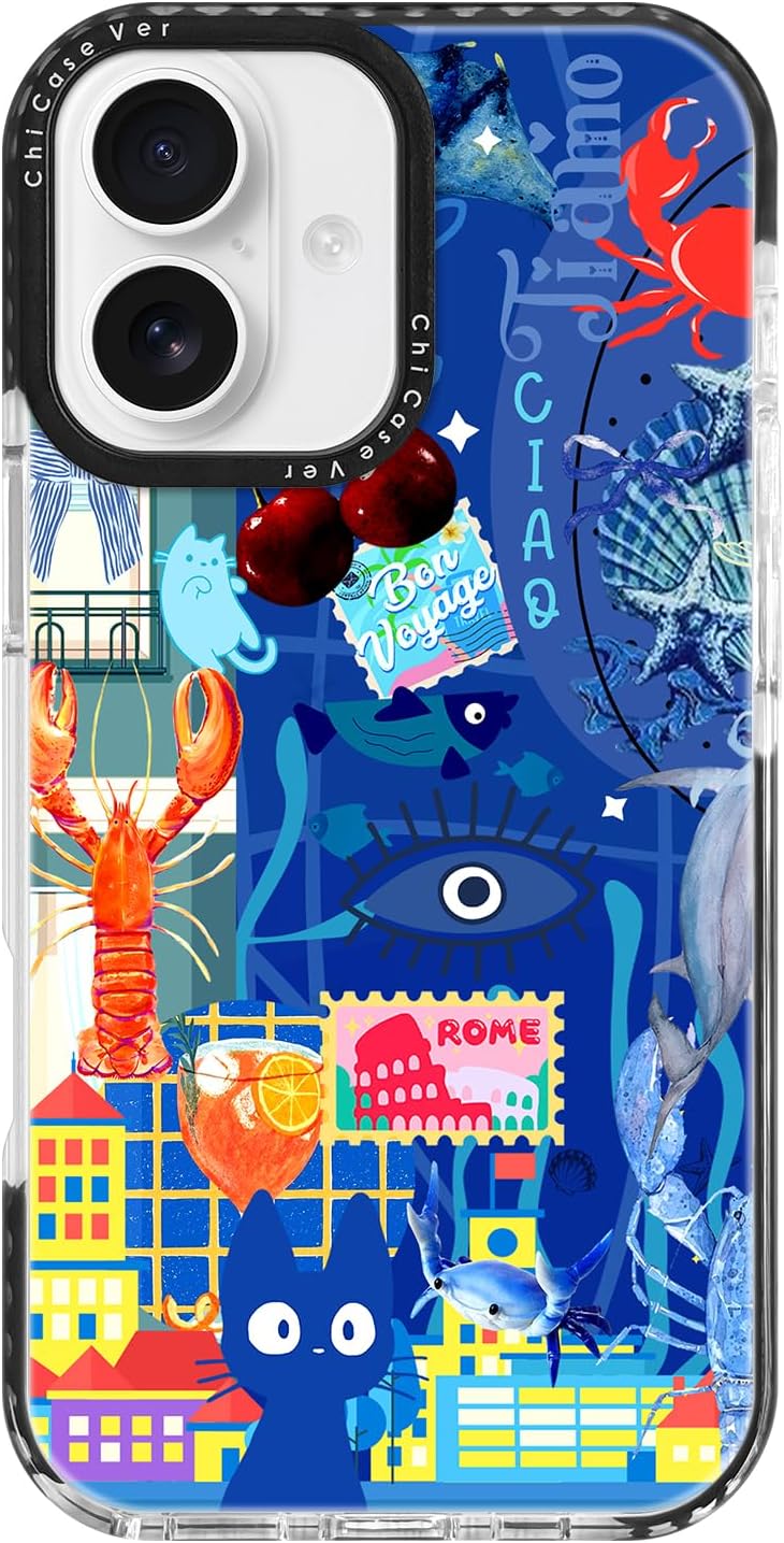 for iPhone 16 Case Travel Adventure Collage Pattern Military Grade Drop Protection Voyage Slim TPU Cover with Camera Protection for Women Girls Travel Lovers iPhone 16 BlueRome