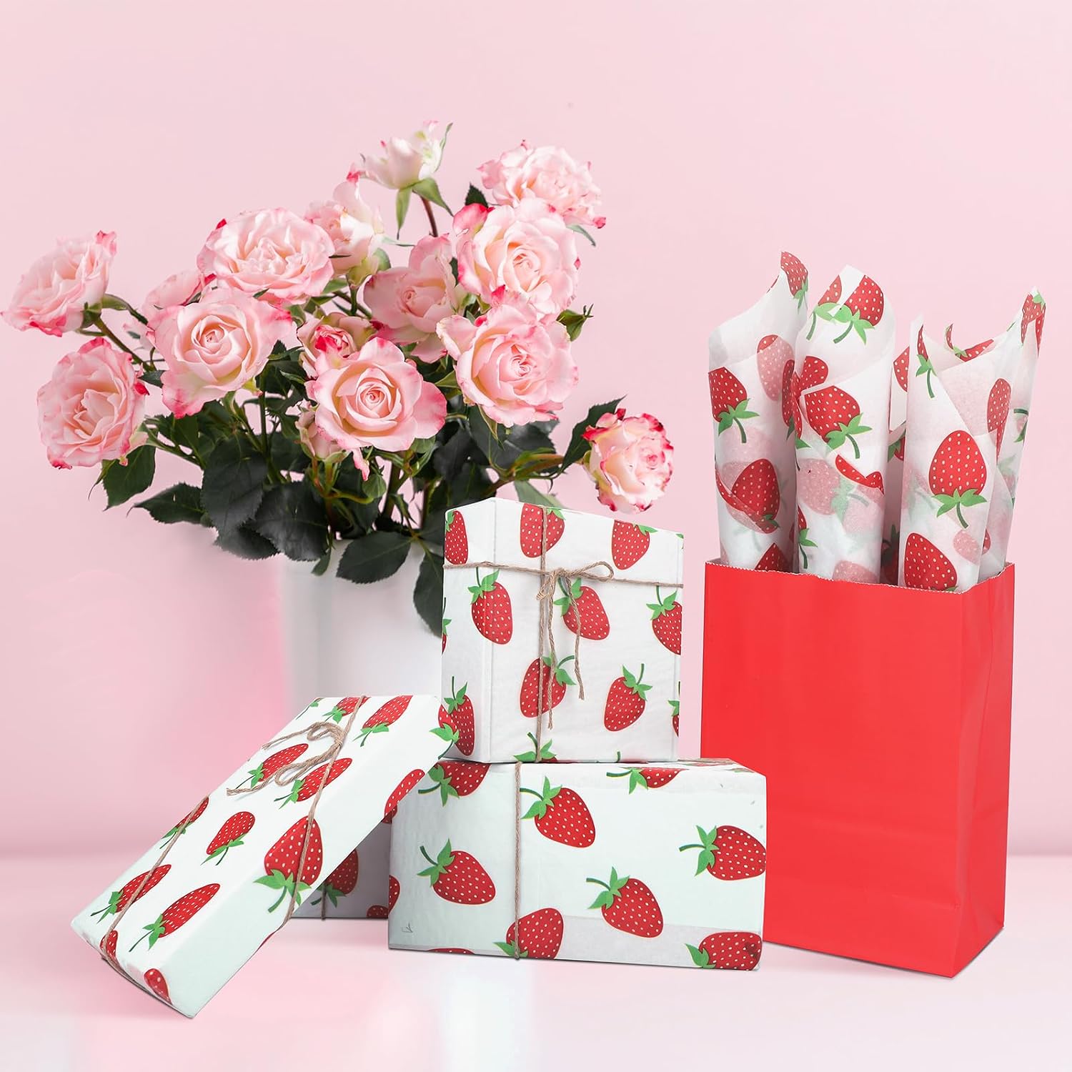 Welpurch 100 Sheets Strawberry Tissue Paper, 20 x 14 Inch Strawberry Wrapping Paper Fruit Pattern Gift Packaging Paper DIY Art Craft Paper for Baby Shower Birthday Wedding Gift Decor