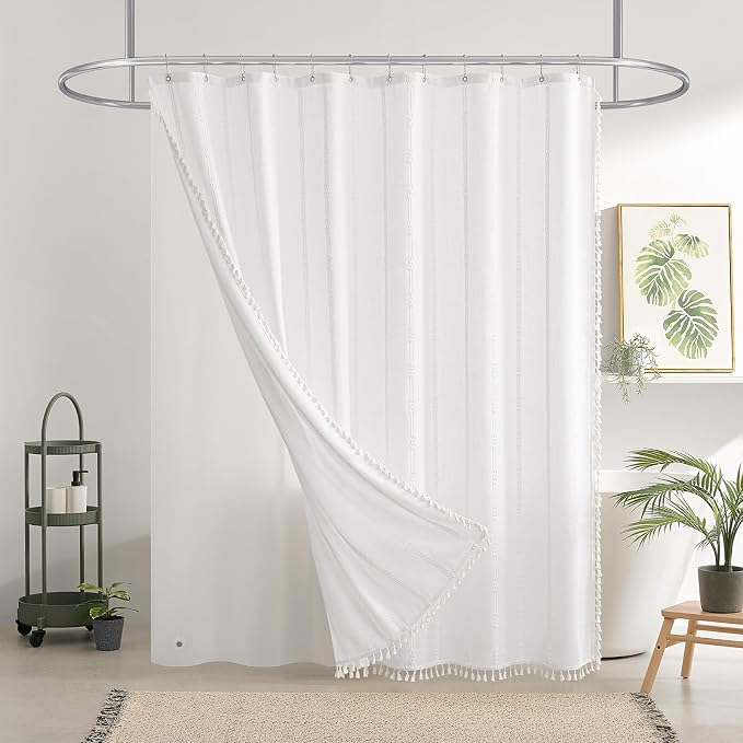 downluxe Linen Texture 3 in 1 Farmhouse Shower Curtain Set with Tassel, Boho Fabric Shower Curtains for Bathroom, White, 72W x 72L