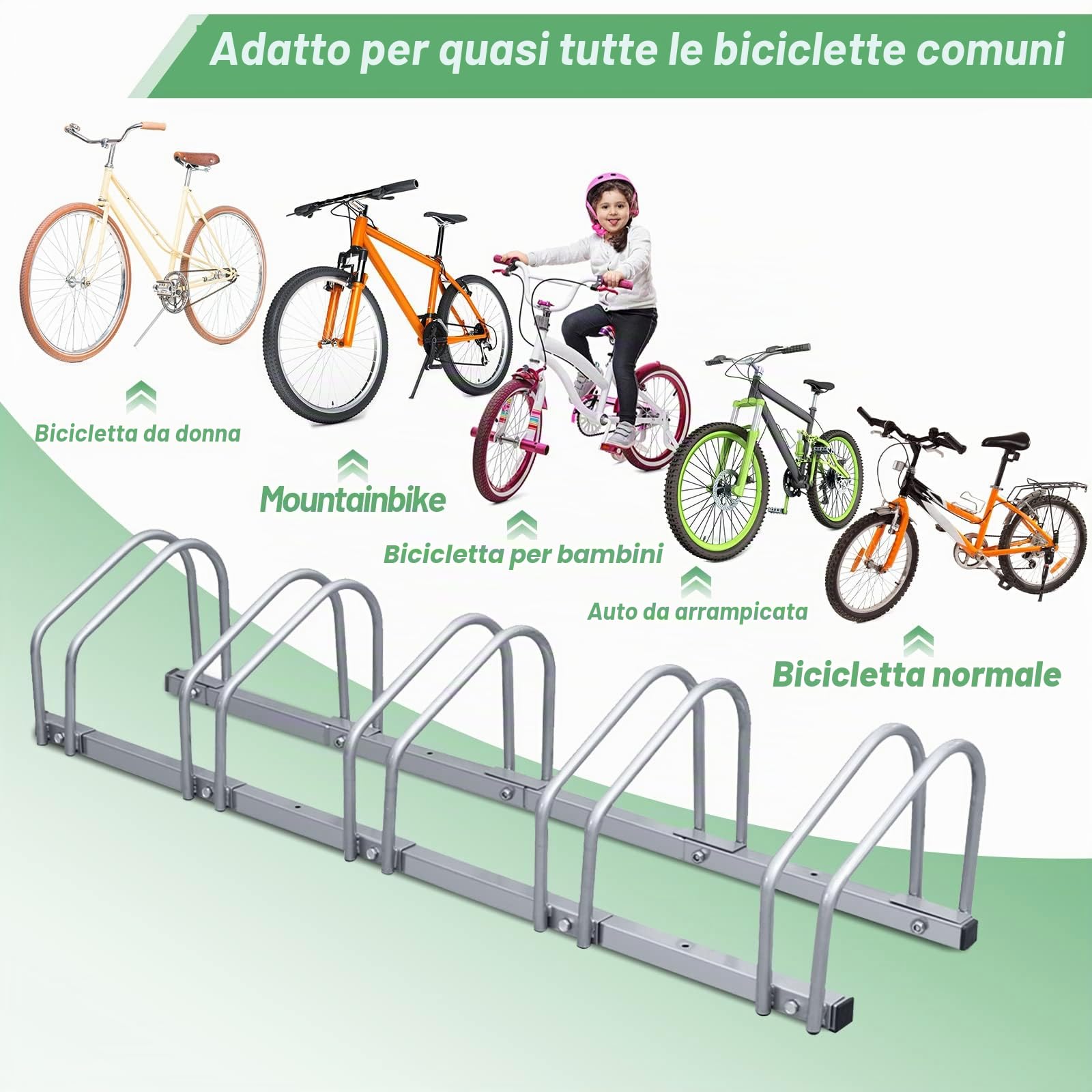 Supporto per Bicicletta per 4 biciclette, Montaggio a pavimento o a parete, adatto per biciclette da 35-55 cm, con Materiale di Montaggio Incluso, Salvaspazio, Argento
