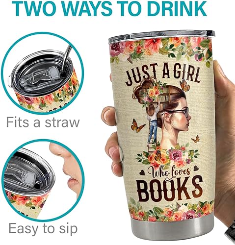 Miniatura 7 de SANDJEST Vaso de libro de 20 onzas con texto en inglés Just A Girl Who Loves Books, taza de viaje para café, regalos para amantes de los libros,